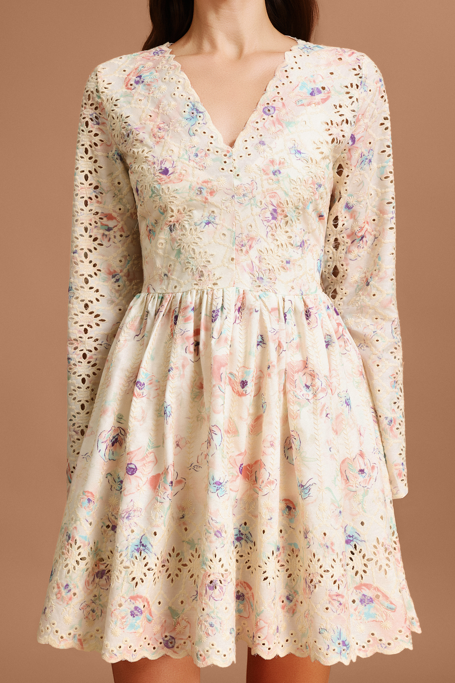 Ierra V-Neck Long Sleeves Floral Printed Lace Mini Dress