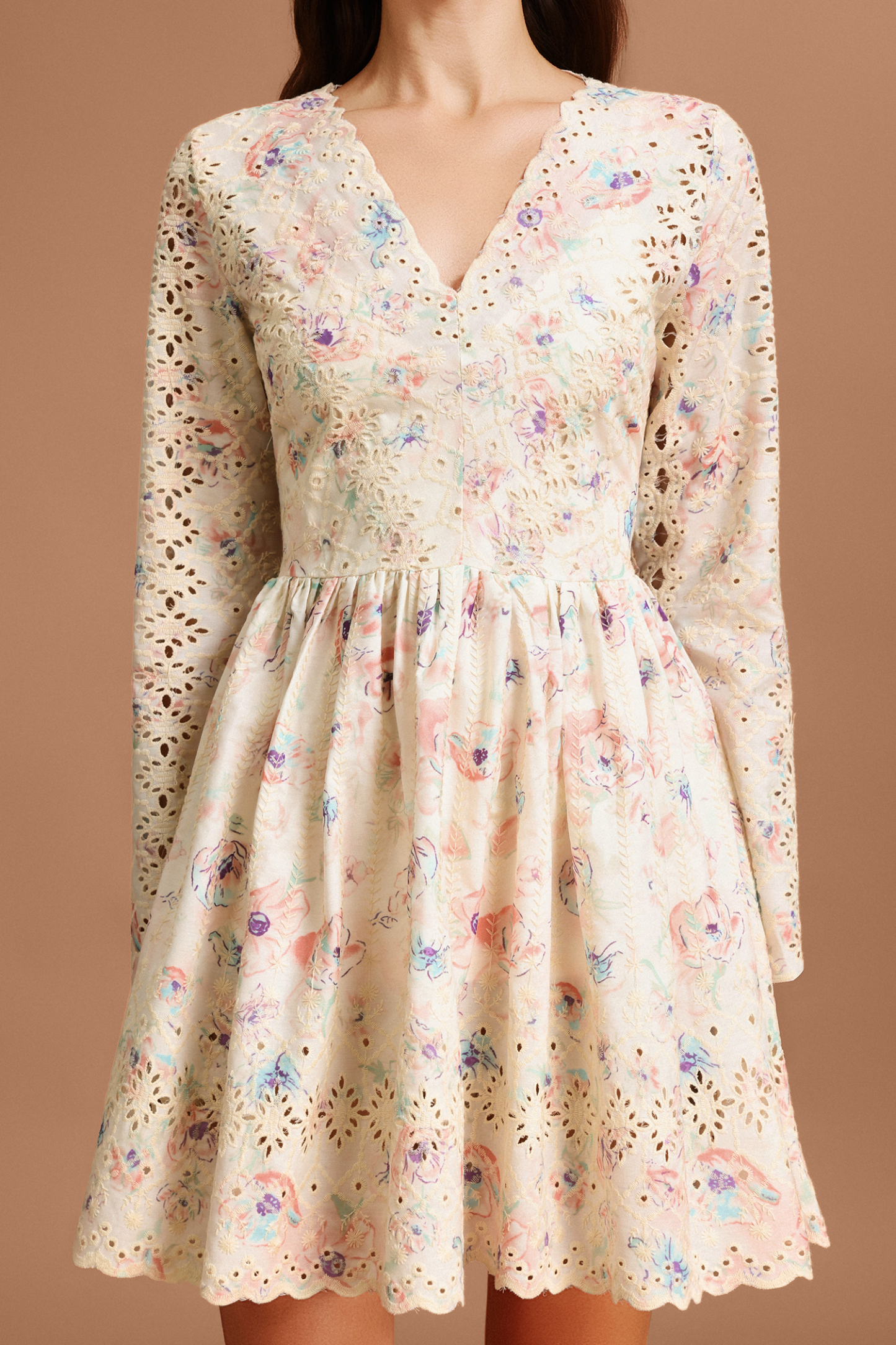 Ierra V-Neck Long Sleeves Floral Printed Lace Mini Dress