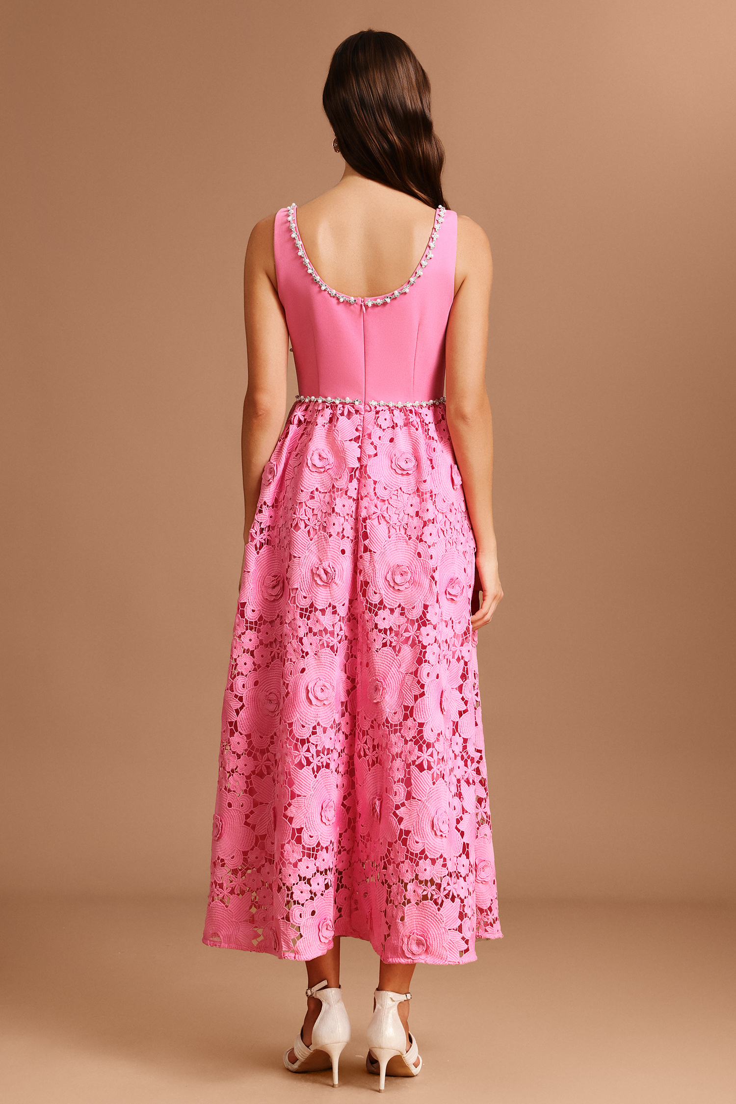 Jiusi Square Collar Halter Diamond Lace Maxi Dress