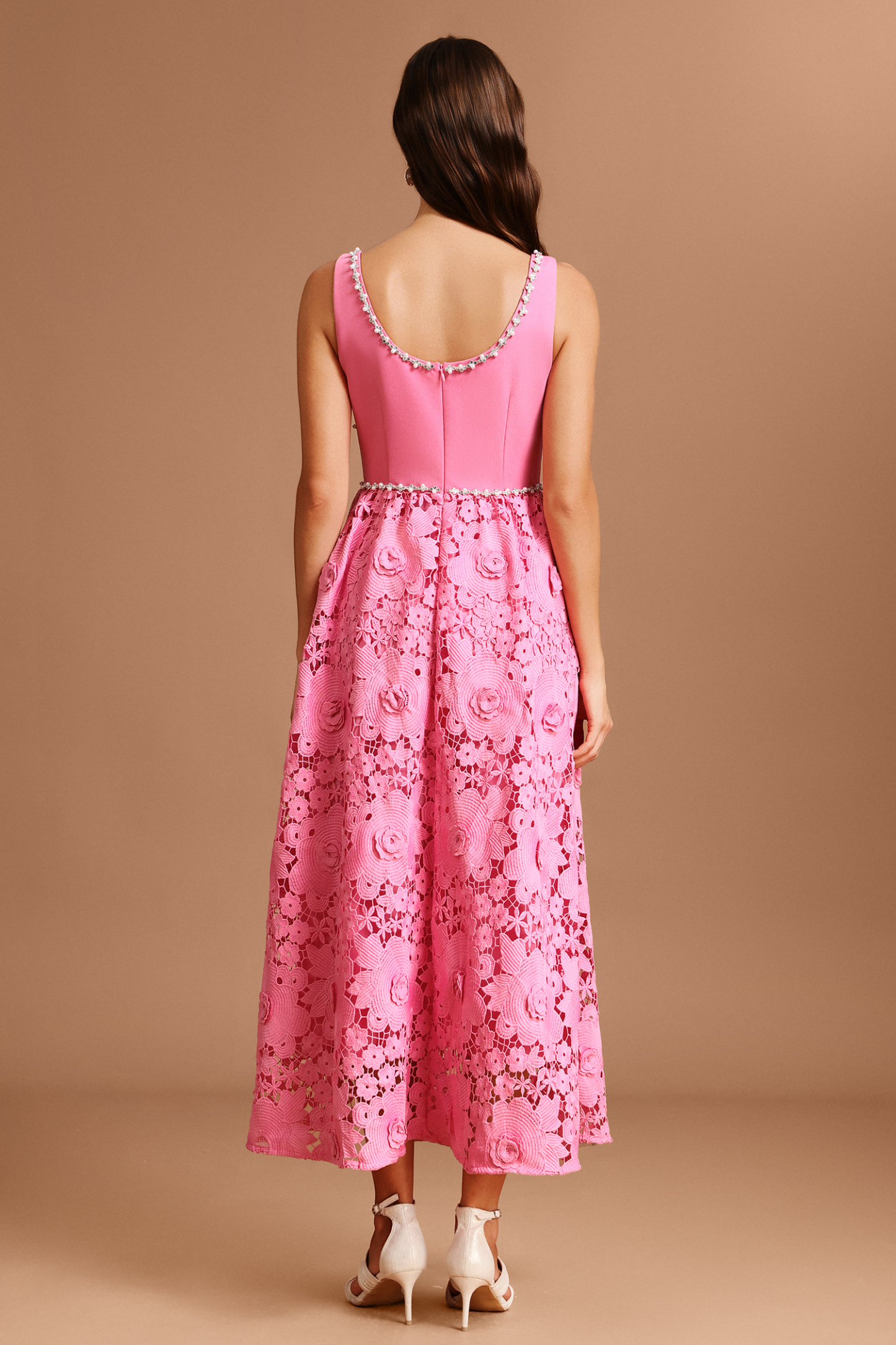 Jiusi Square Collar Halter Diamond Lace Maxi Dress