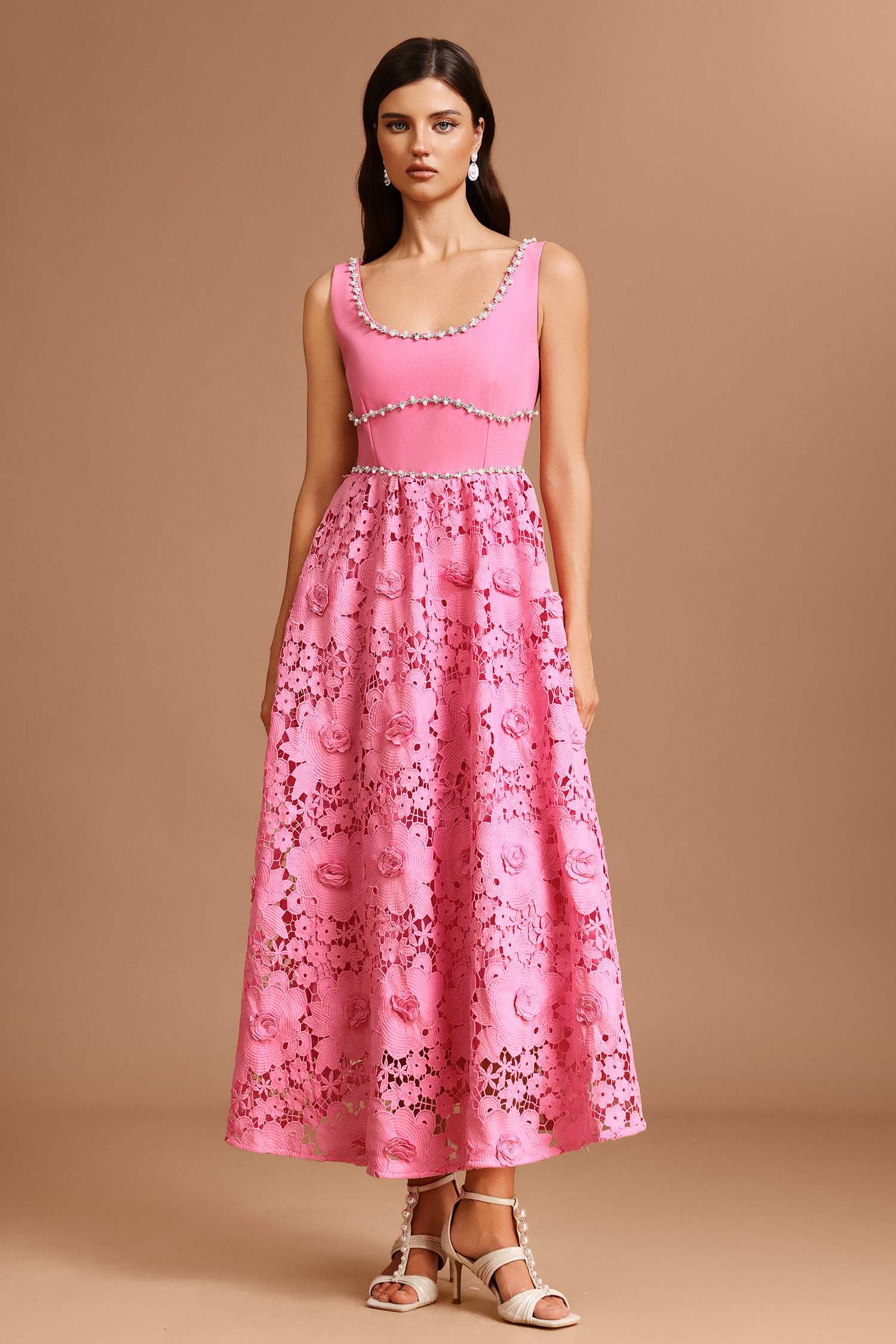 Jiusi Square Collar Halter Diamond Lace Maxi Dress