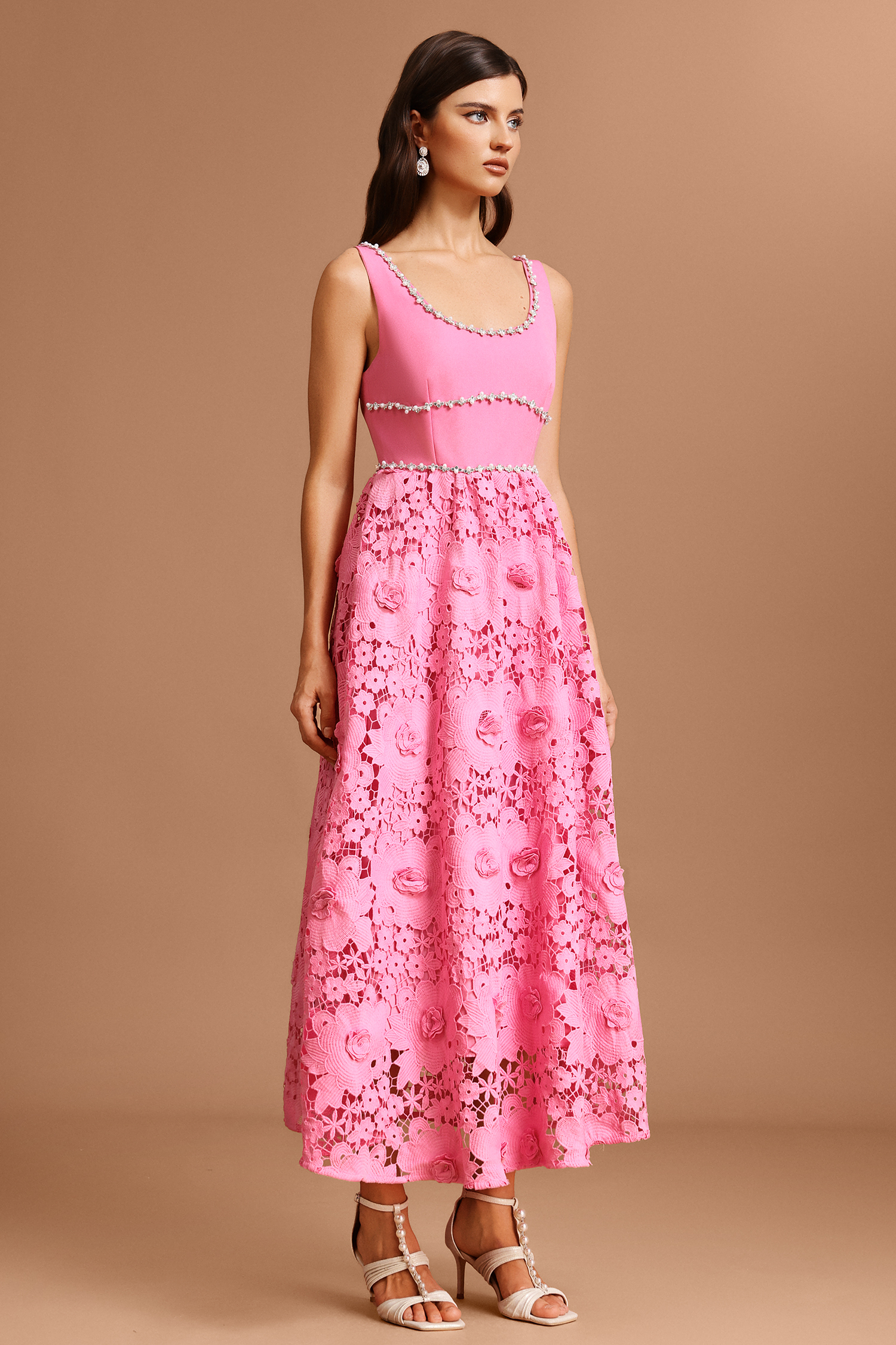 Jiusi Square Collar Halter Diamond Lace Maxi Dress