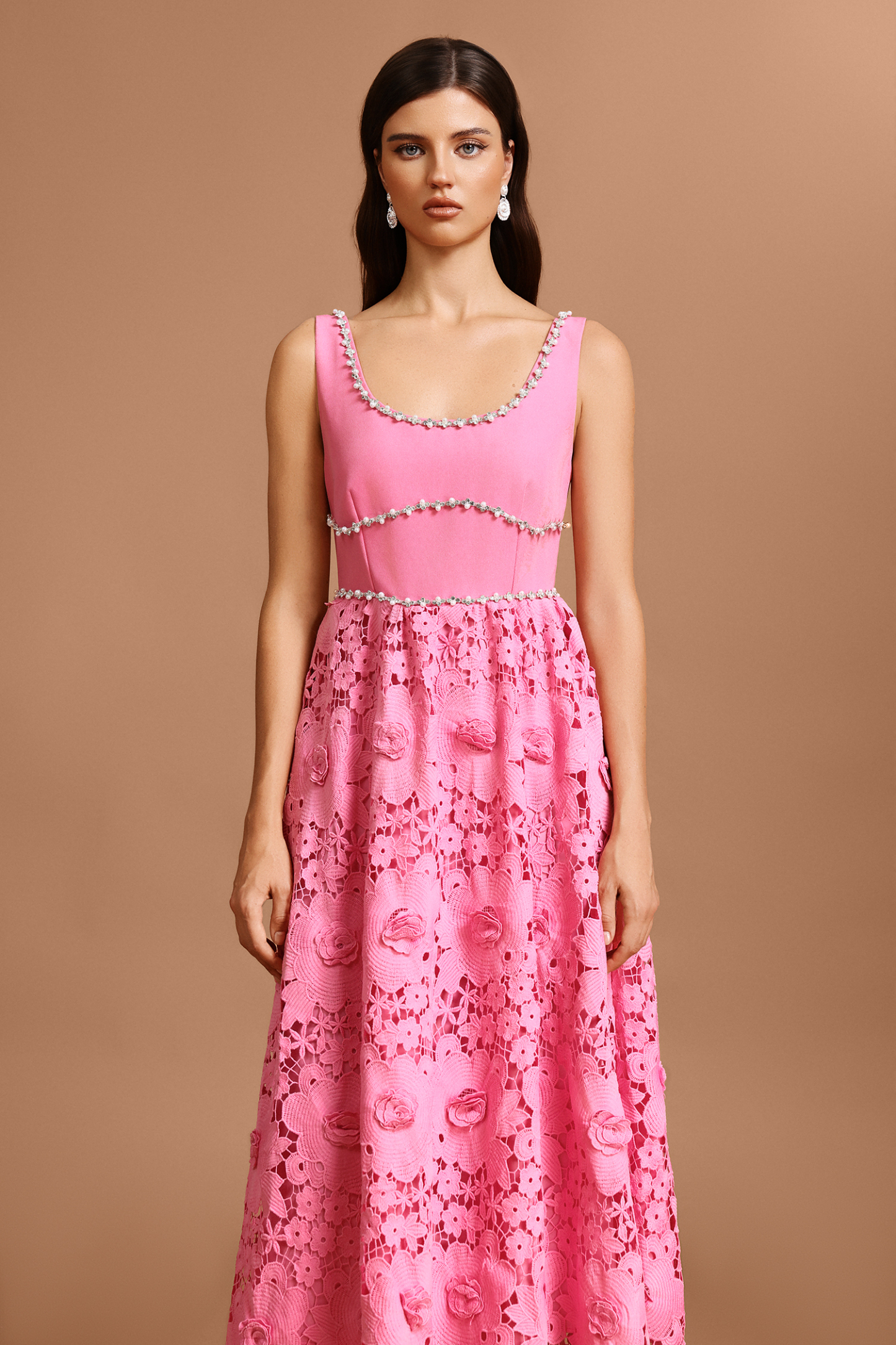 Jiusi Square Collar Halter Diamond Lace Maxi Dress