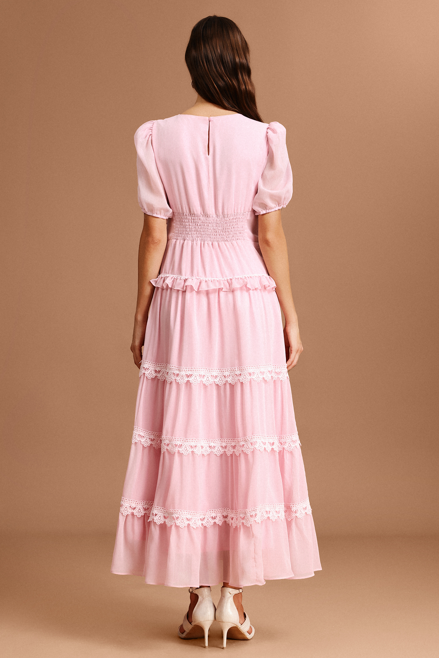 Jye V-Neck Puff Sleeves Folds Lace Maxi Dress