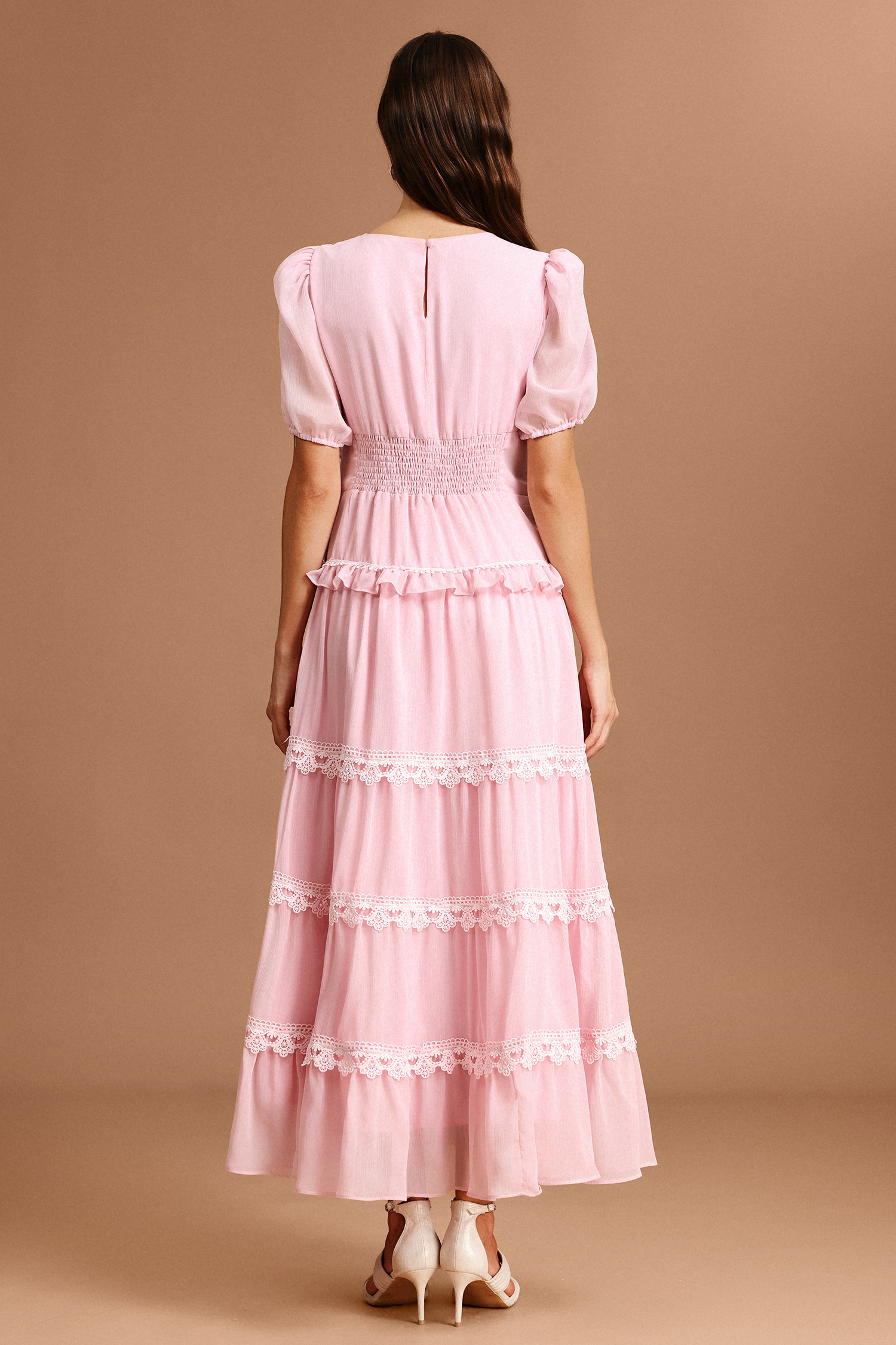 Jye V-Neck Puff Sleeves Folds Lace Maxi Dress