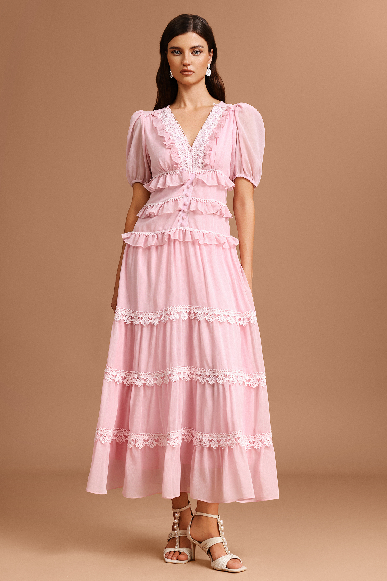 Jye V-Neck Puff Sleeves Folds Lace Maxi Dress