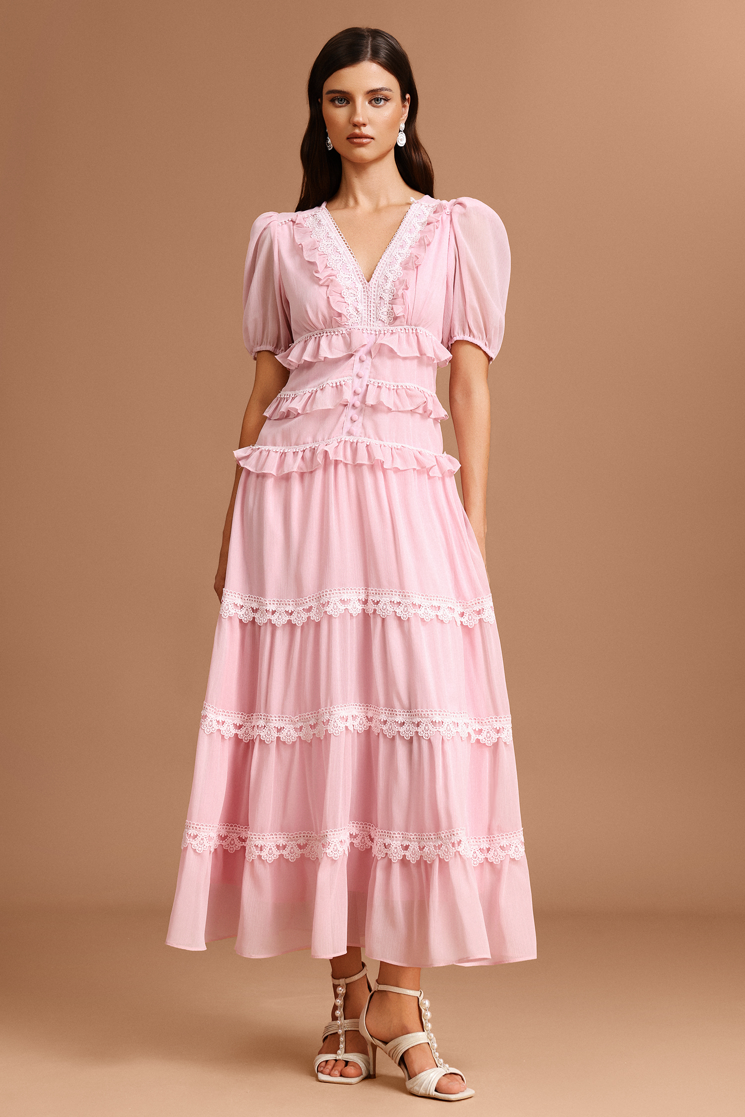 Jye V-Neck Puff Sleeves Folds Lace Maxi Dress