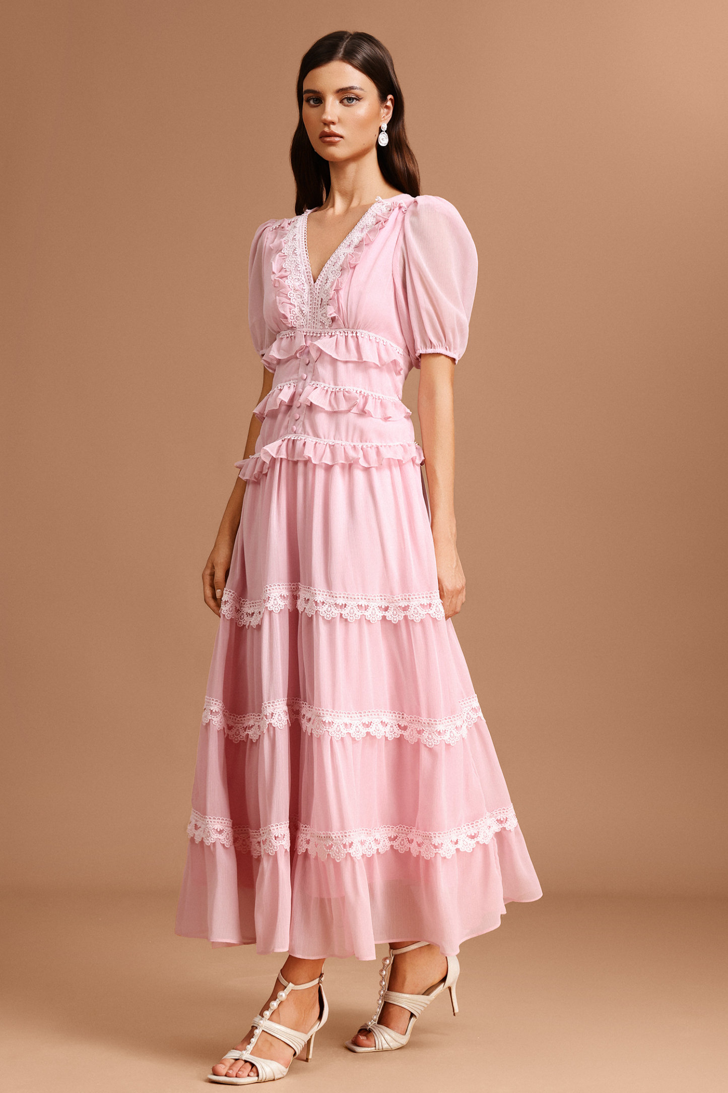 Jye V-Neck Puff Sleeves Folds Lace Maxi Dress