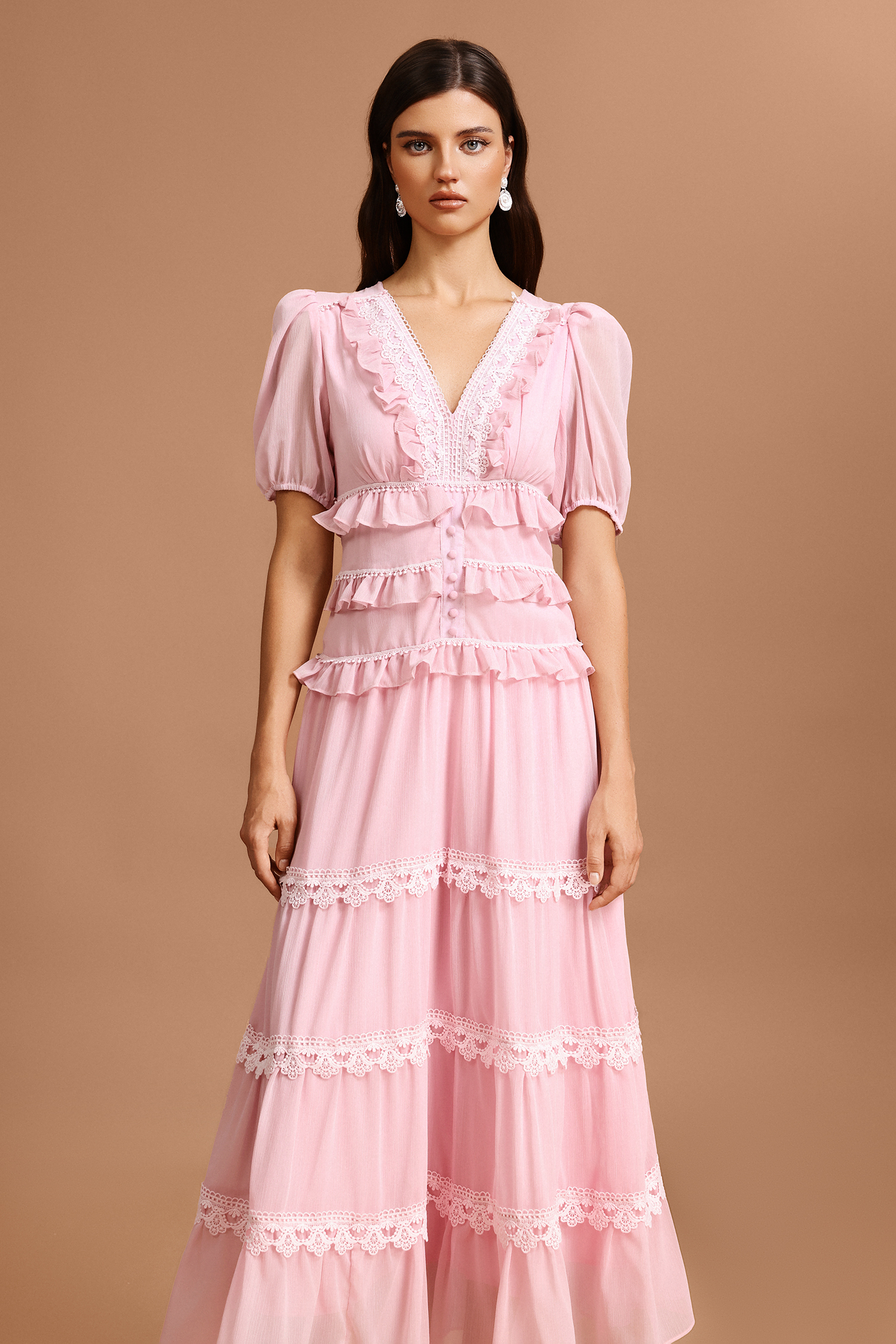 Jye V-Neck Puff Sleeves Folds Lace Maxi Dress