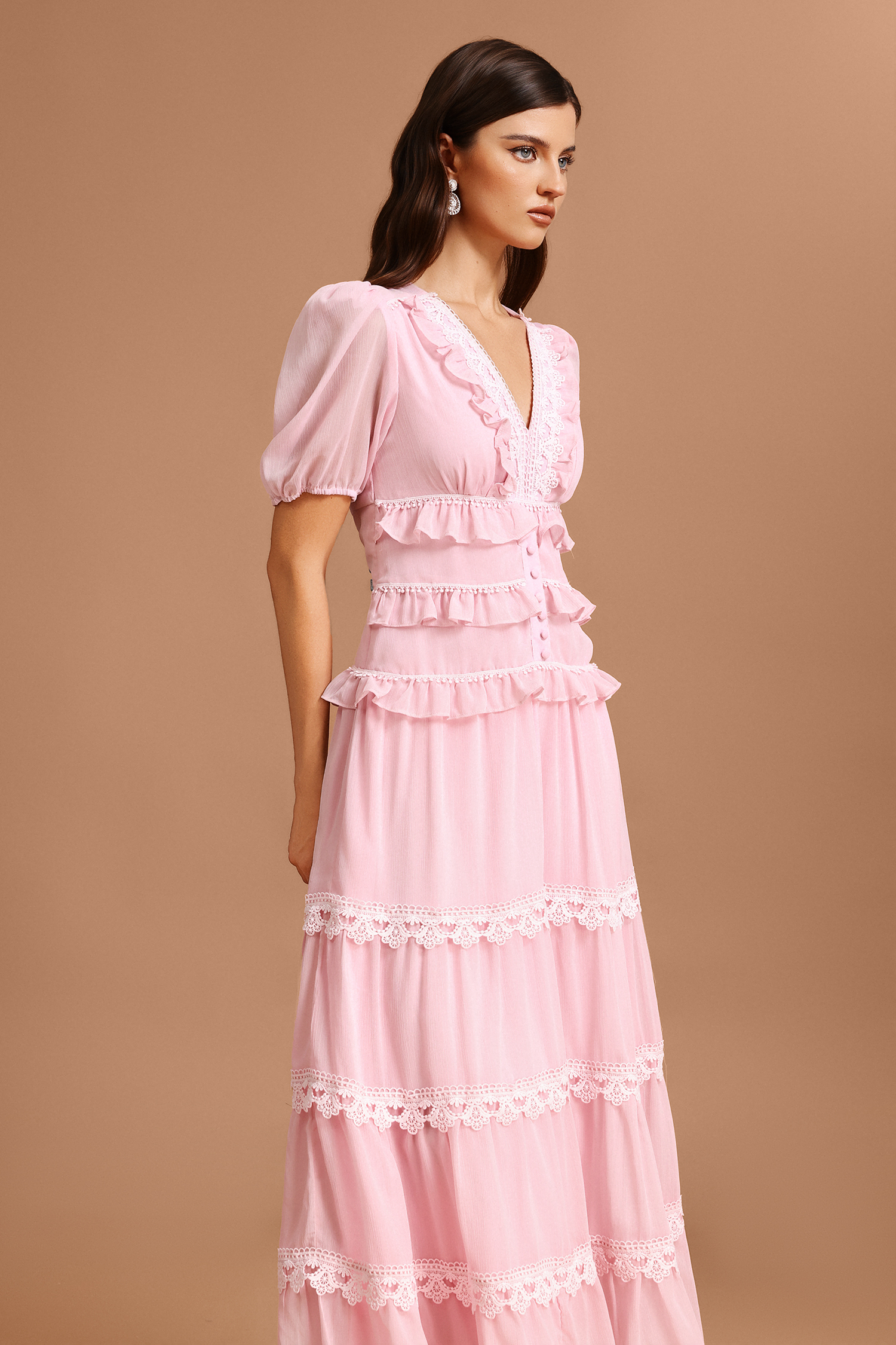 Jye V-Neck Puff Sleeves Folds Lace Maxi Dress