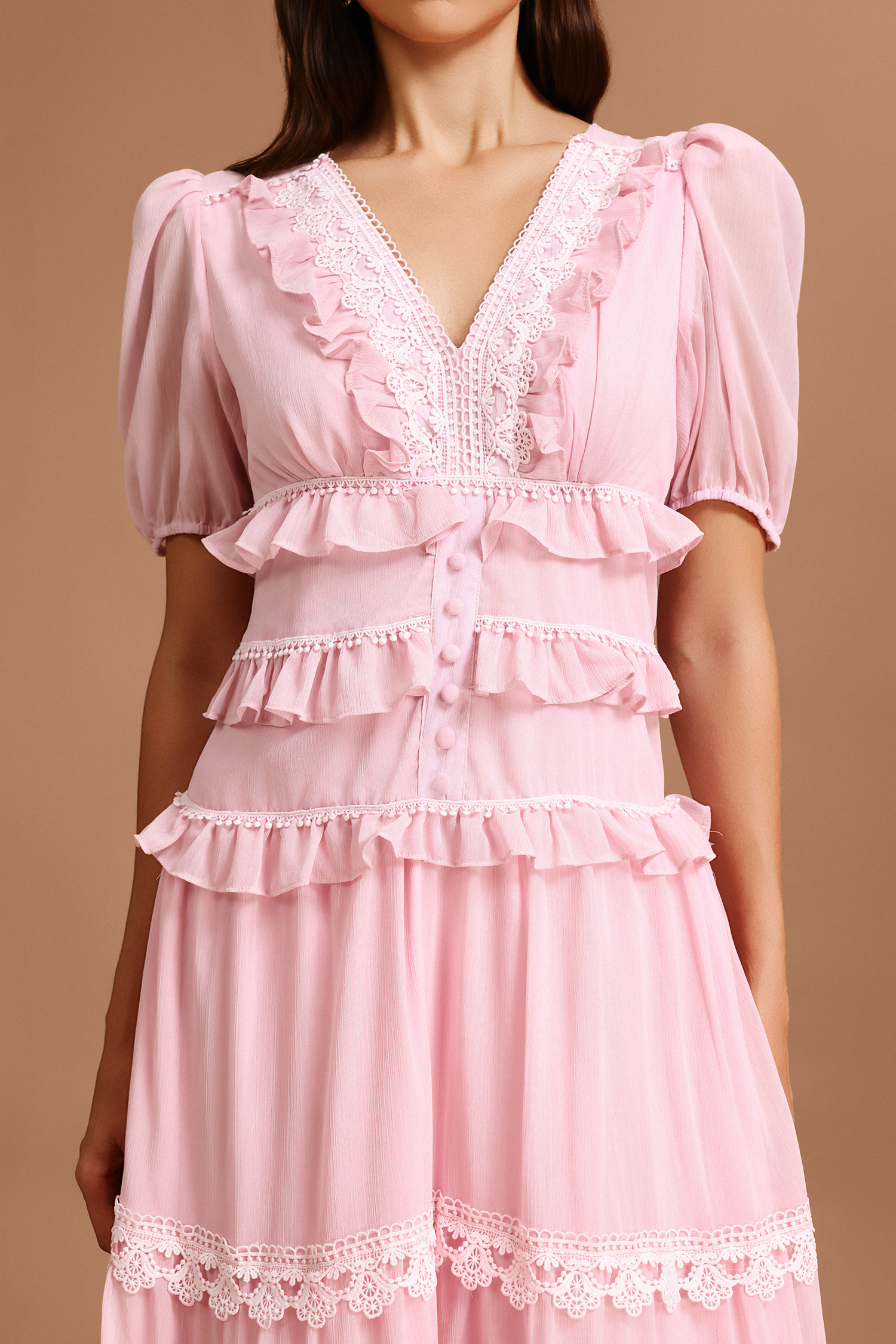 Jye V-Neck Puff Sleeves Folds Lace Maxi Dress