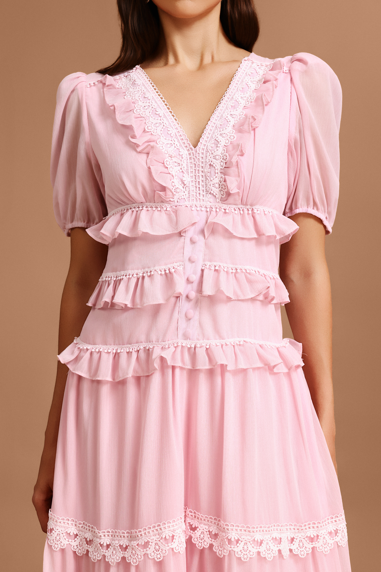 Jye V-Neck Puff Sleeves Folds Lace Maxi Dress