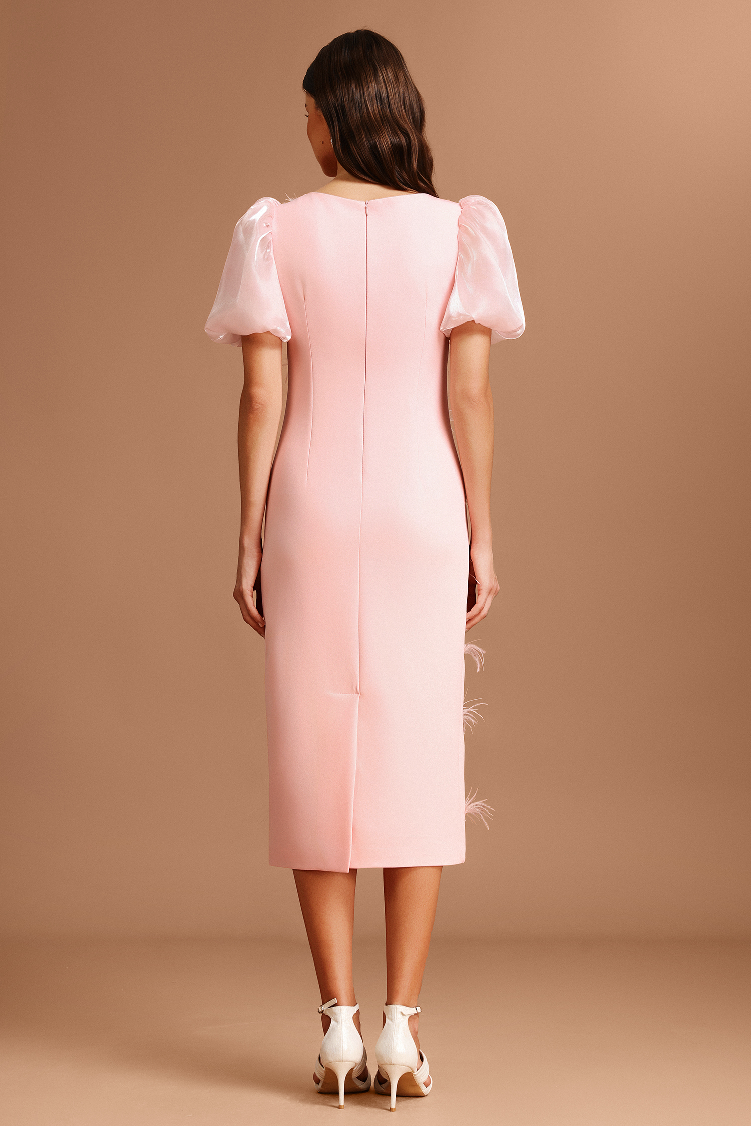 Silas Puff Sleeves Round Neck Diamond Artificial Feather Midi Dress