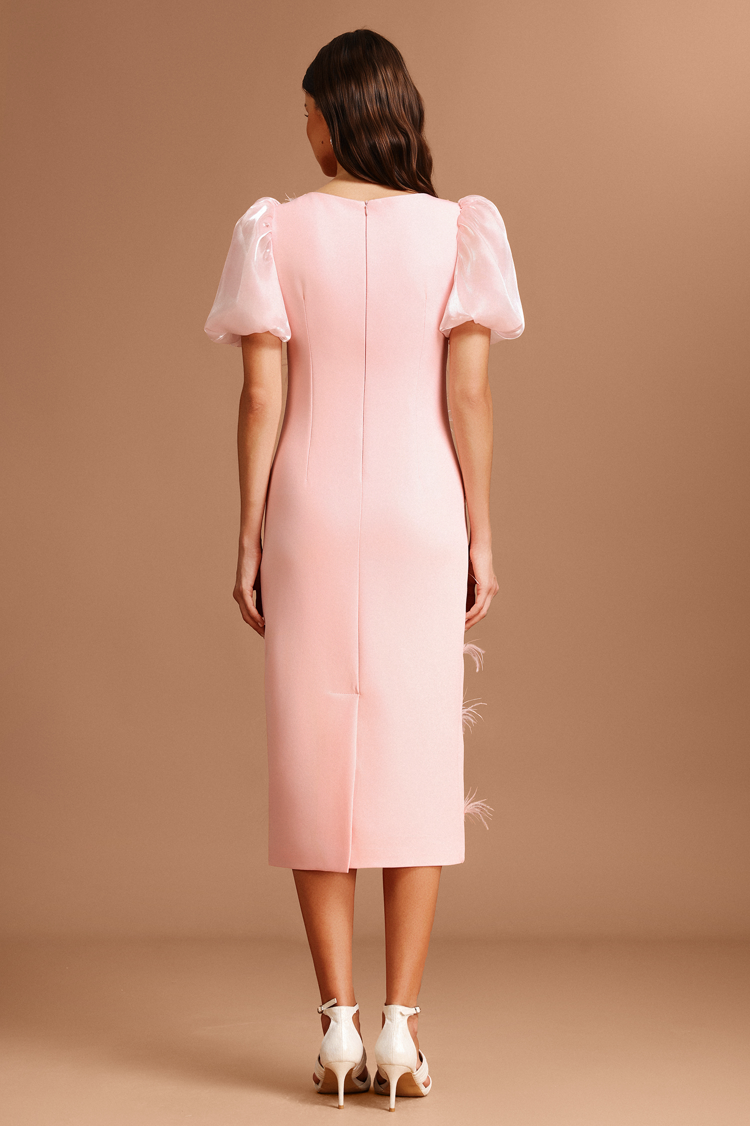 Silas Puff Sleeves Round Neck Diamond Artificial Feather Midi Dress