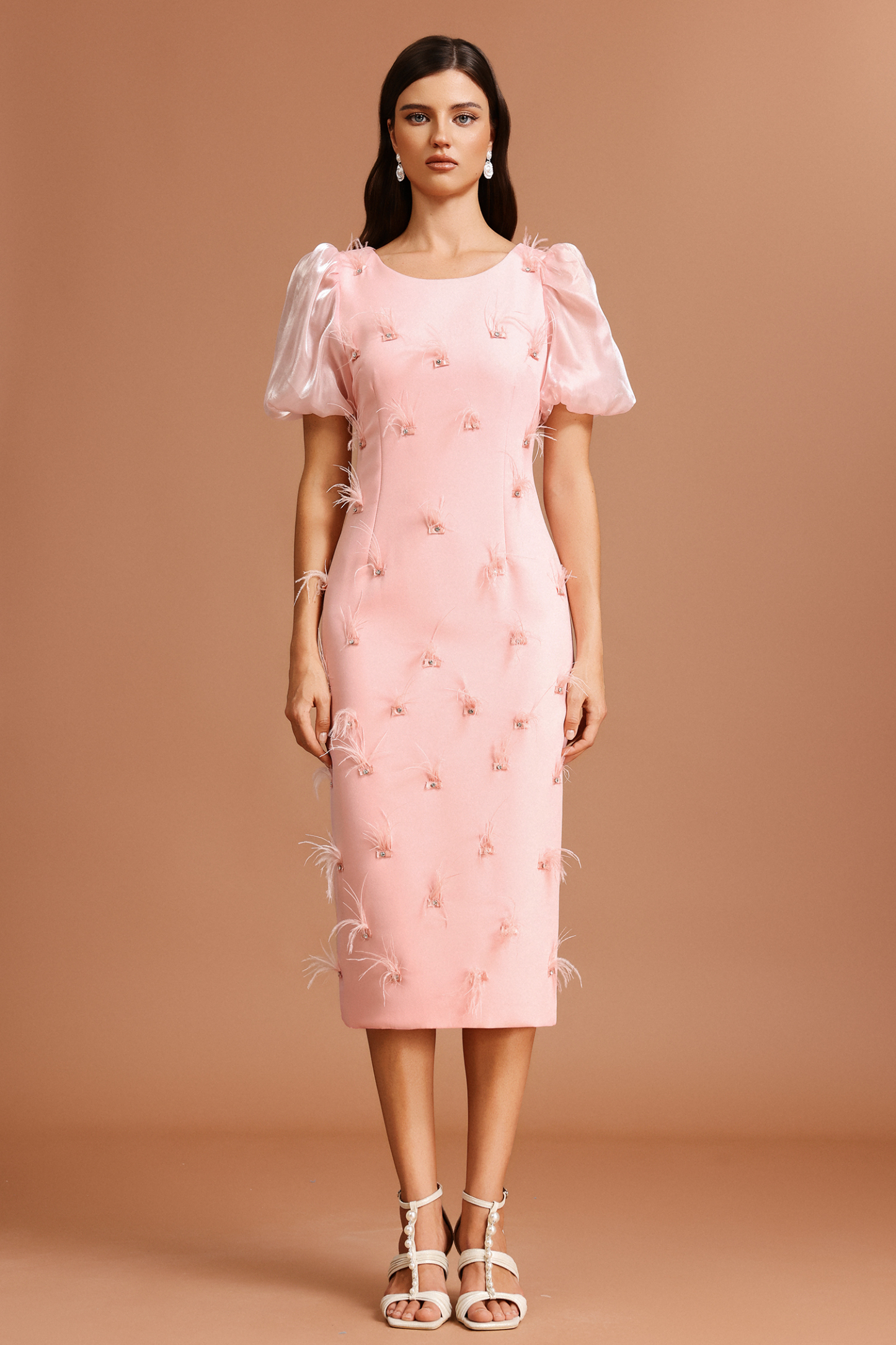 Silas Puff Sleeves Round Neck Diamond Artificial Feather Midi Dress