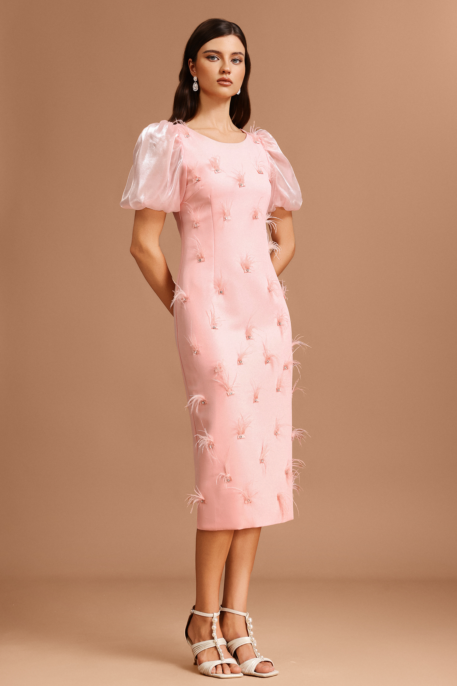 Silas Puff Sleeves Round Neck Diamond Artificial Feather Midi Dress