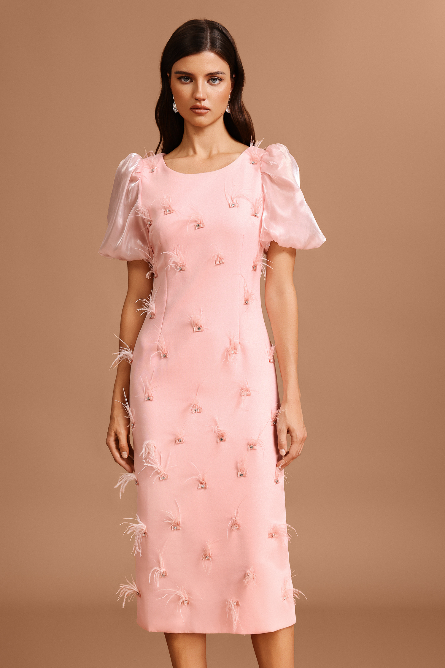 【AAKE】FRILL PIGMENT MIDI SK Silas Puff Sleeves Round Neck Diamond Artificial Feather