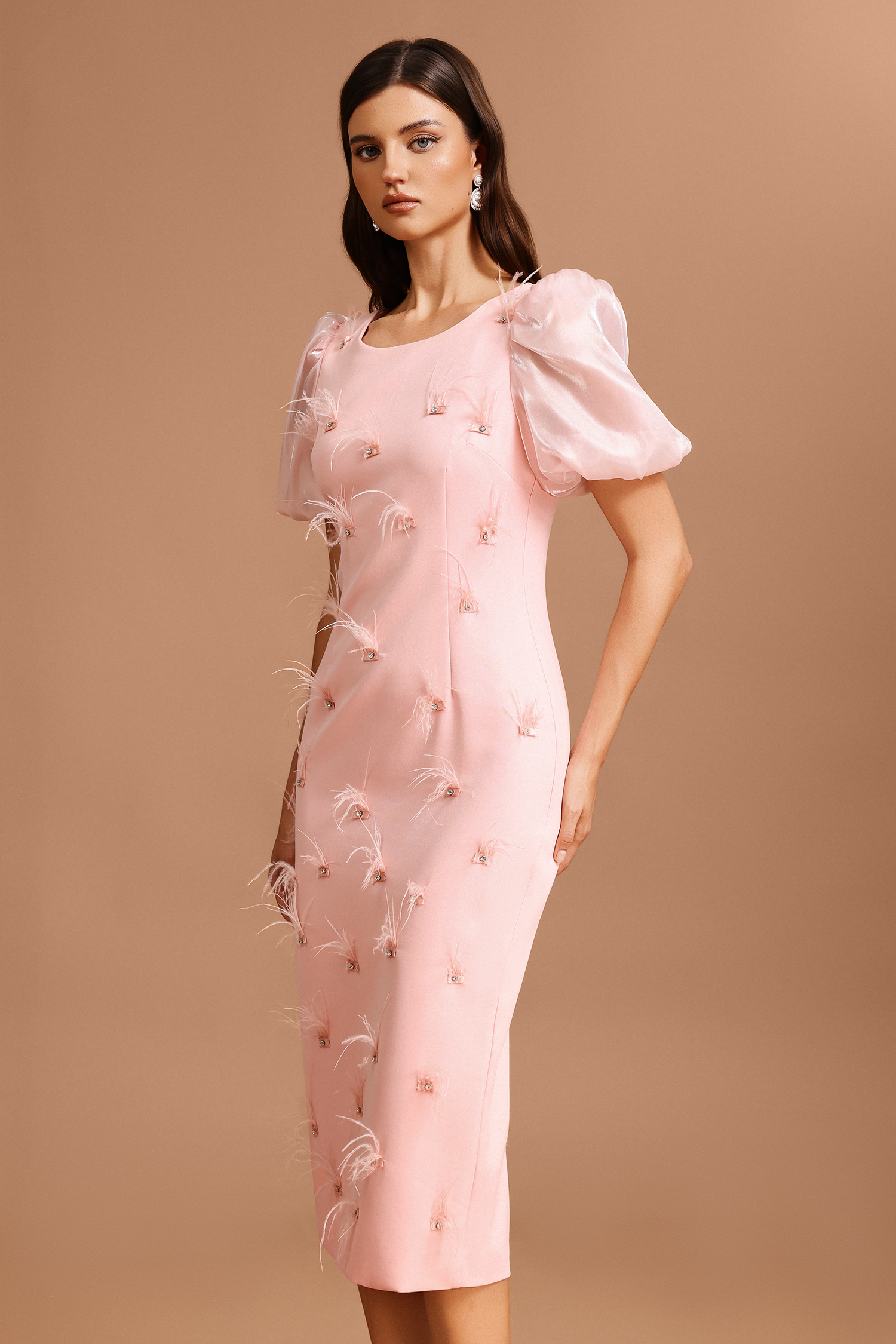 Silas Puff Sleeves Round Neck Diamond Artificial Feather Midi Dress