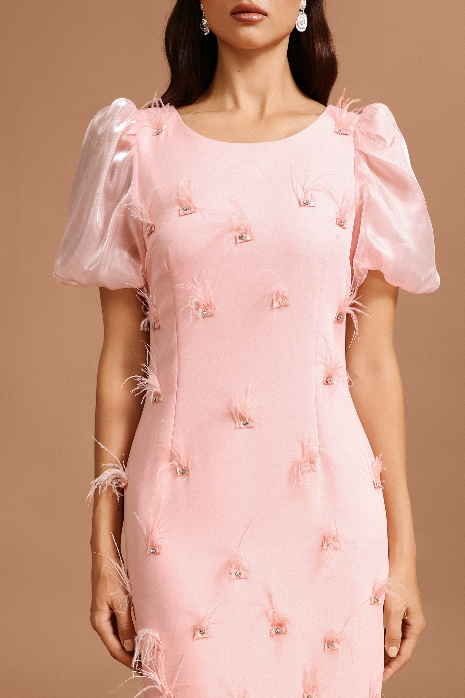 Silas Puff Sleeves Round Neck Diamond Artificial Feather Midi Dress