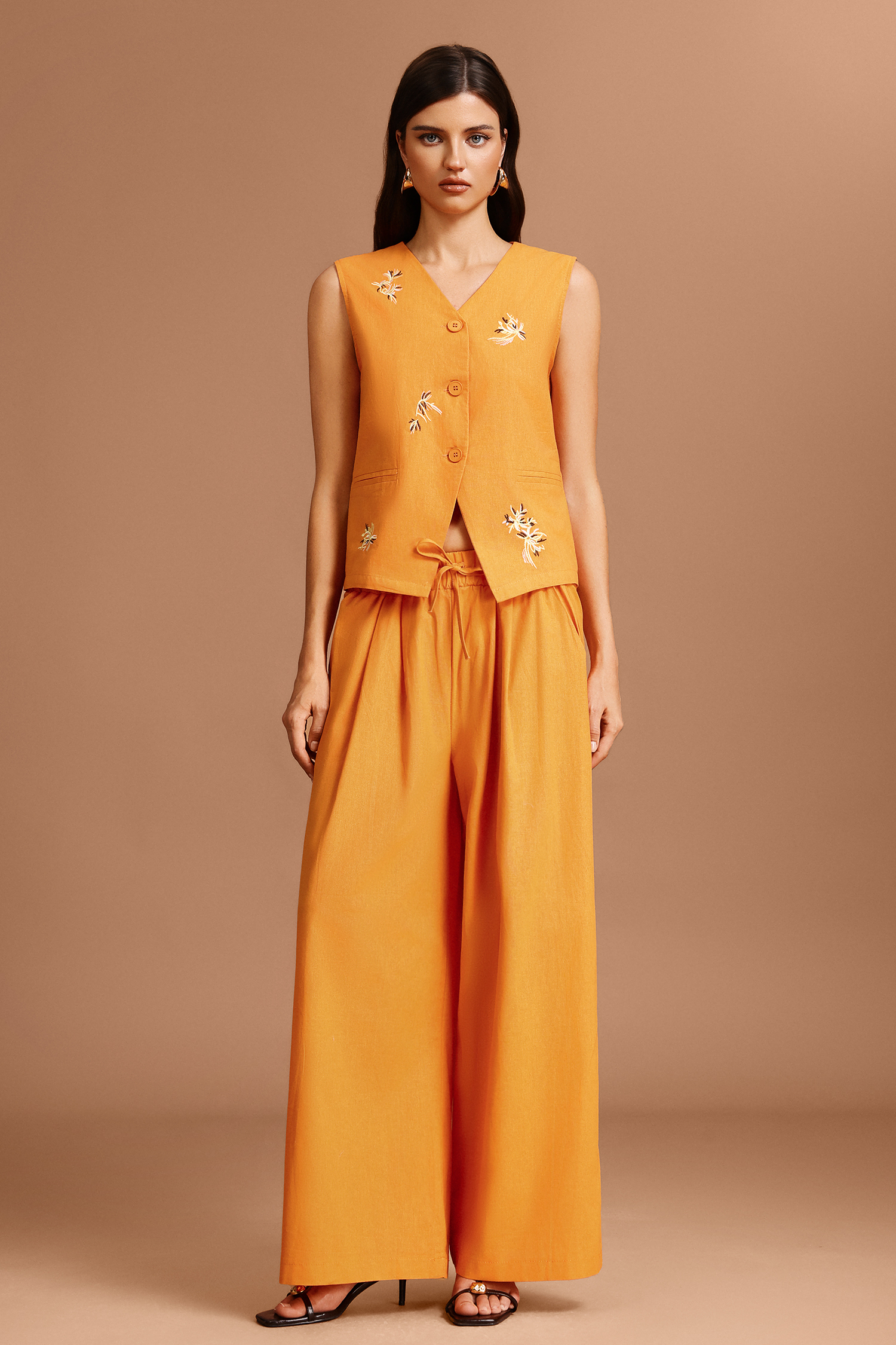 Yvette Sleeveless Embroidery Flowers Top And Pants Two-Piece Set