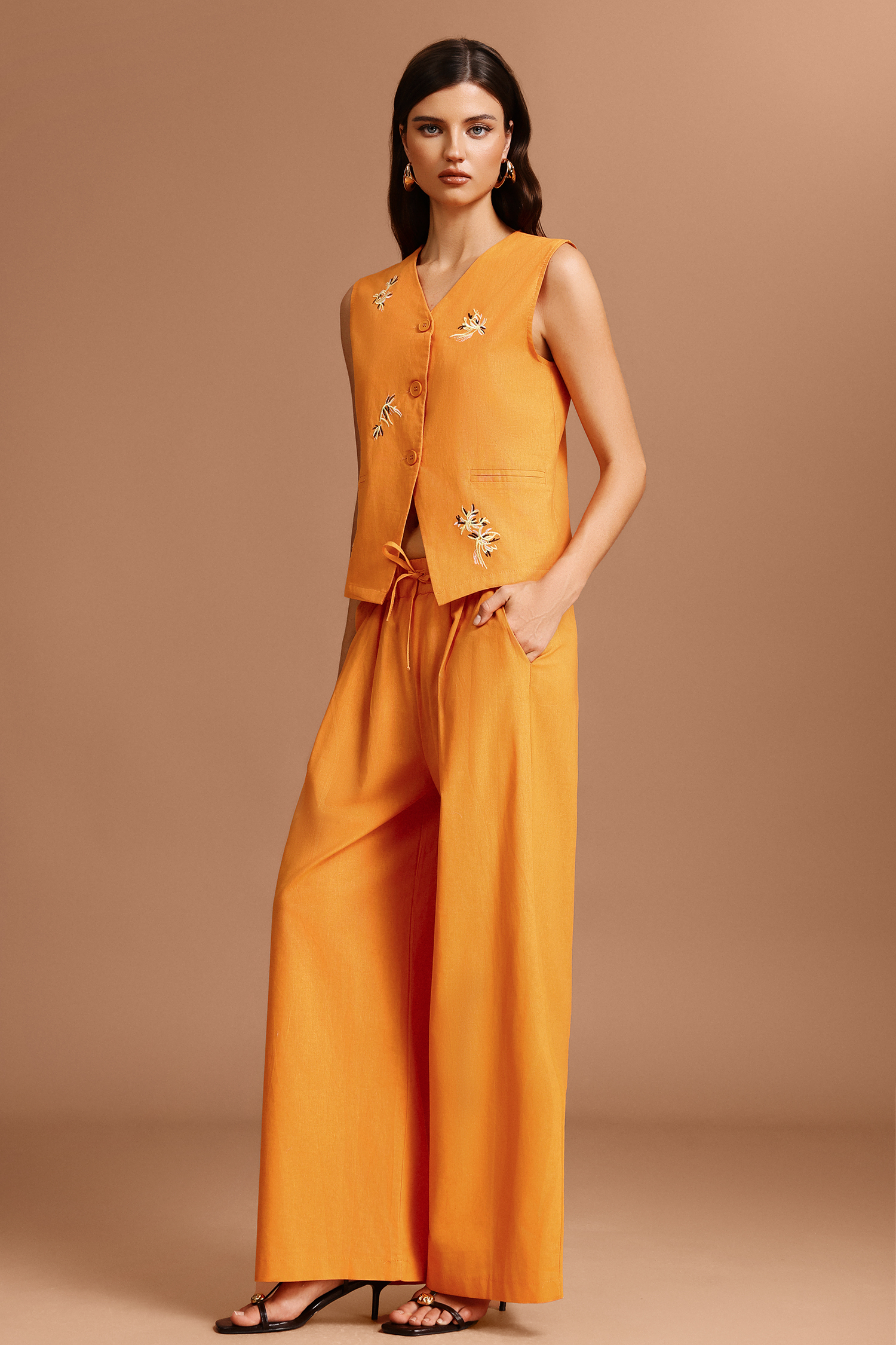 Yvette Sleeveless Embroidery Flowers Top And Pants Two-Piece Set