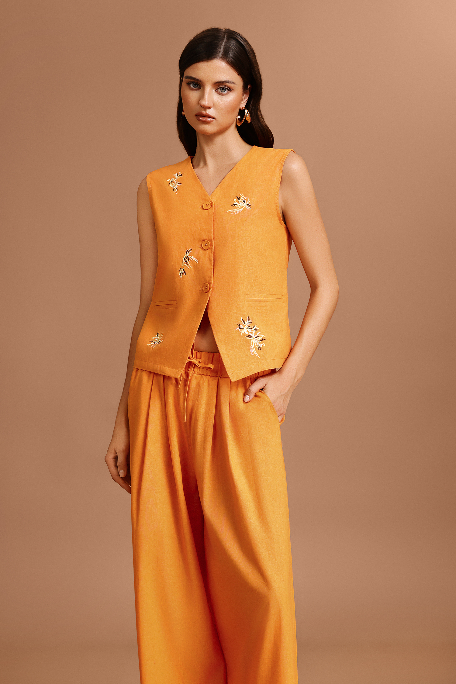 Yvette Sleeveless Embroidery Flowers Top And Pants Two-Piece Set