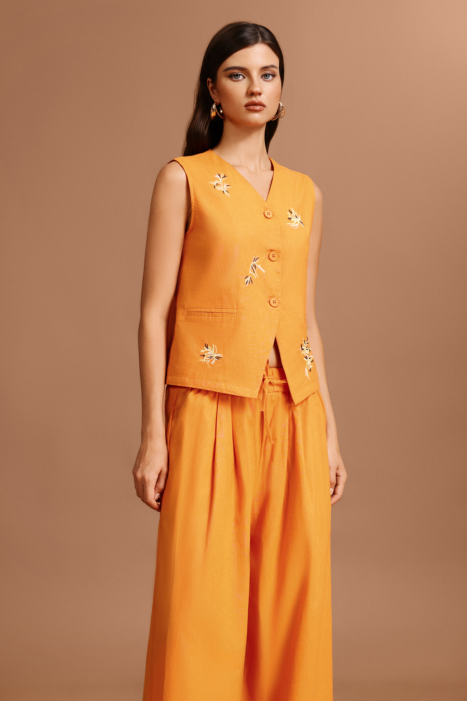 Yvette Sleeveless Embroidery Flowers Top And Pants Two-Piece Set