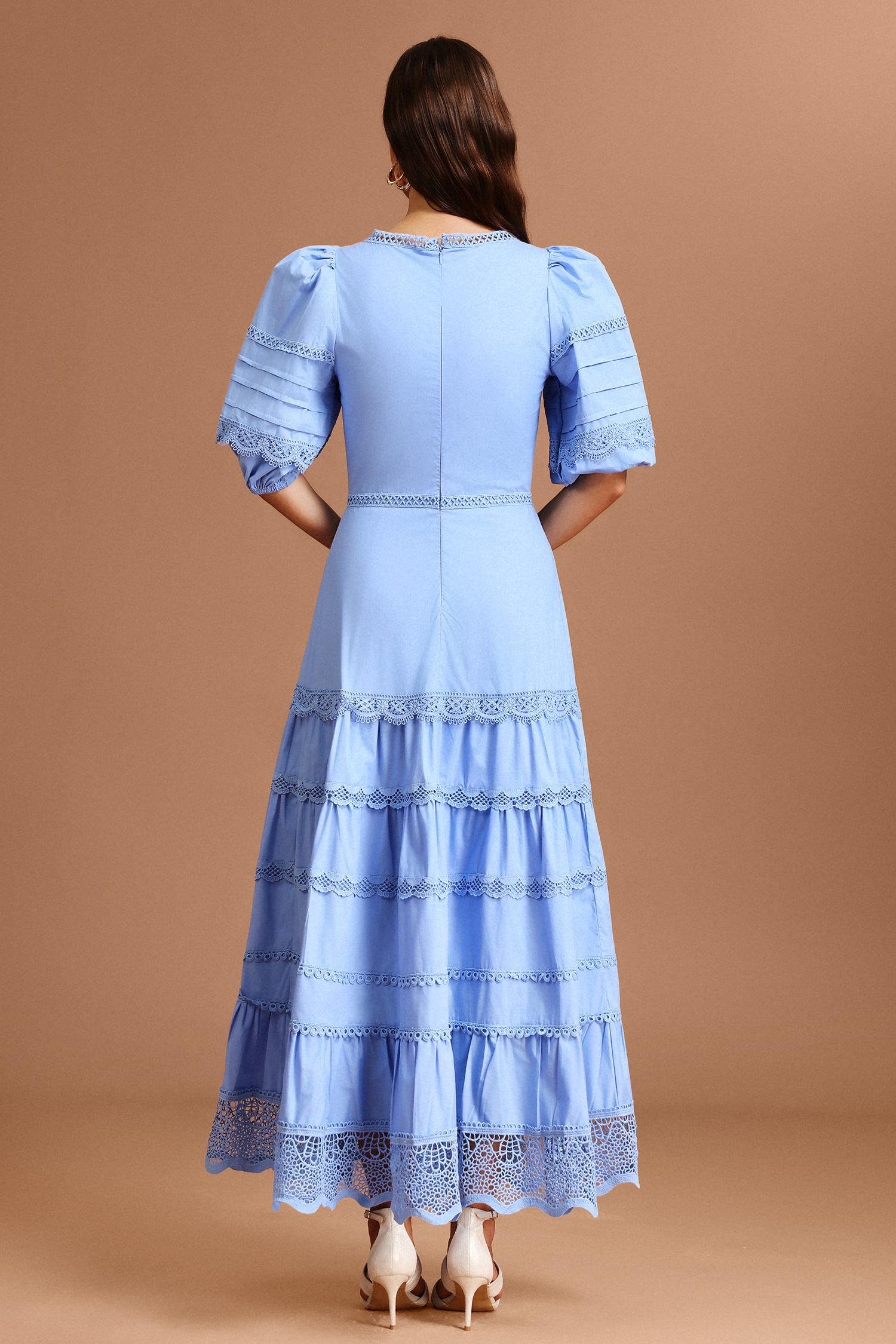 Erise Square Collar Puff Sleeves Lace Maxi Dress
