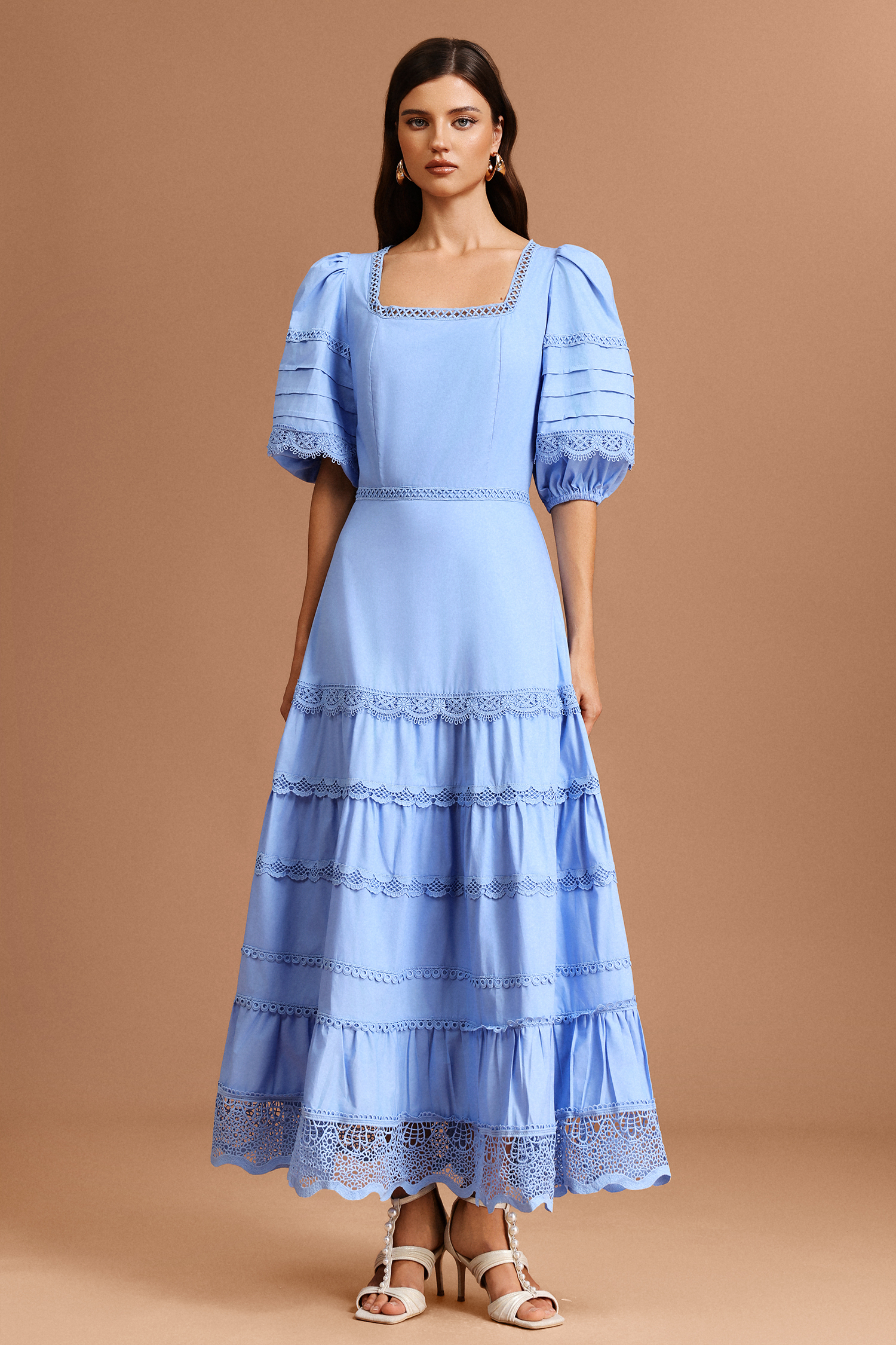 Erise Square Collar Puff Sleeves Lace Maxi Dress