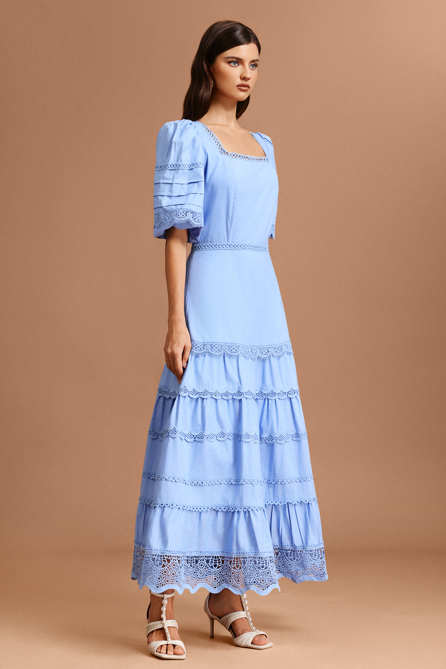 Erise Square Collar Puff Sleeves Lace Maxi Dress