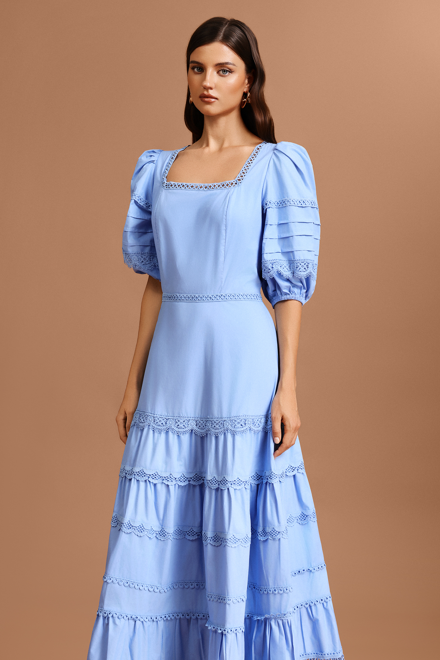 Erise Square Collar Puff Sleeves Lace Maxi Dress