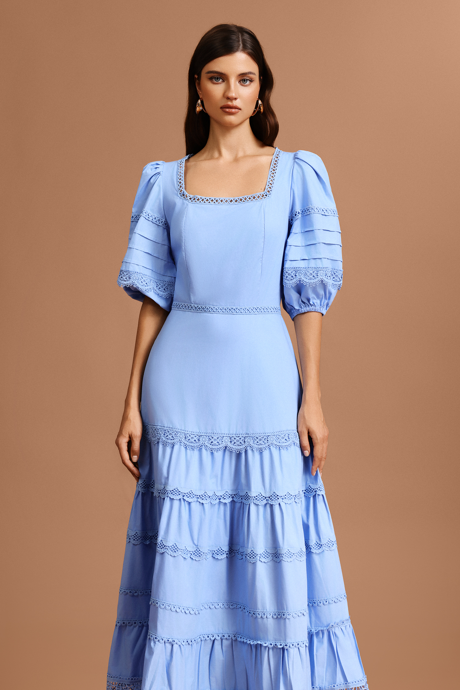 Erise Square Collar Puff Sleeves Lace Maxi Dress