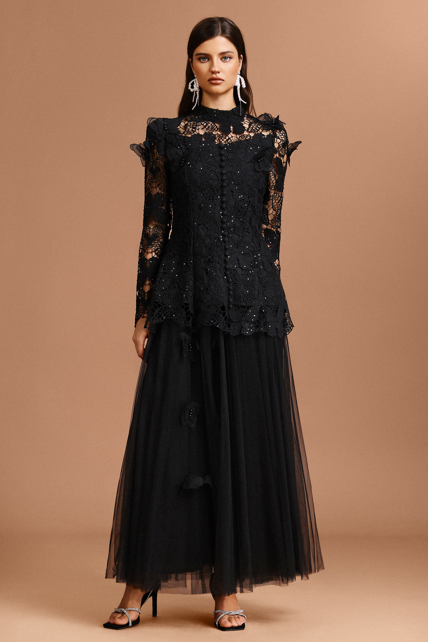 Okama Long Sleeve Folds Lace Butterfly Top And Skirt Two-Piece Set