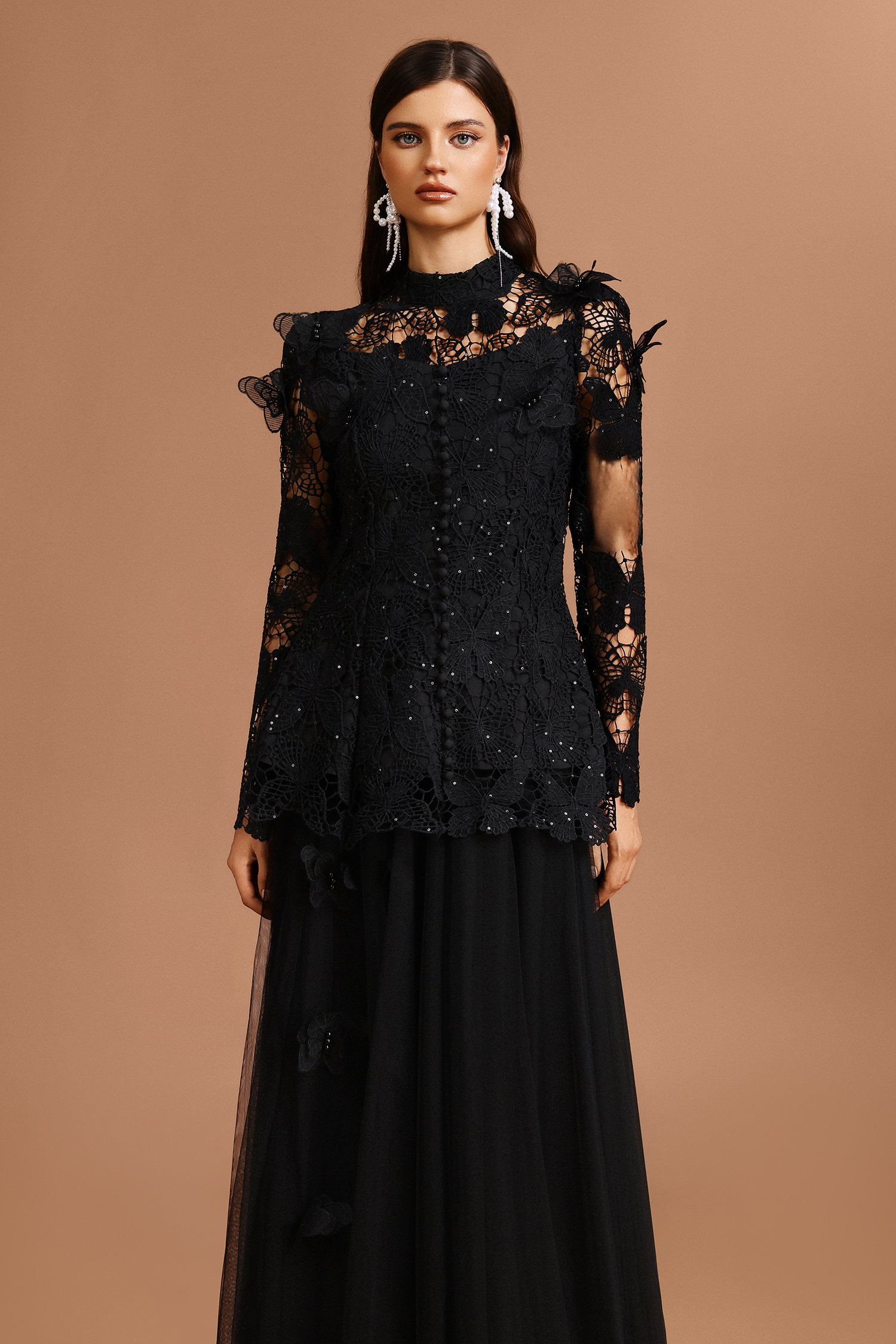 Okama Long Sleeve Folds Lace Butterfly Top And Skirt Two-Piece Set