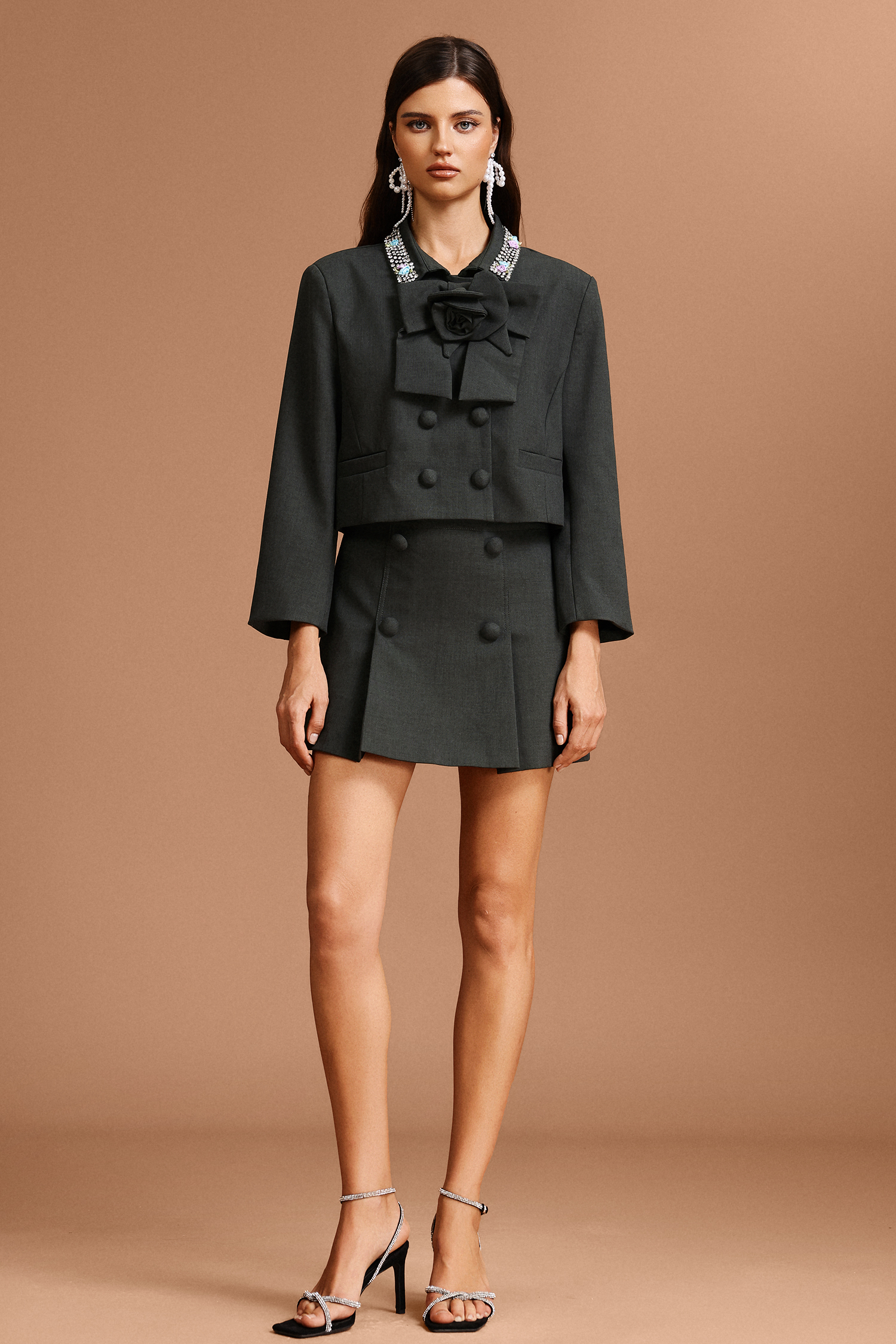 Lizzy Long Sleeves Flowers Diamond Top And Skirt Two-Piece Set