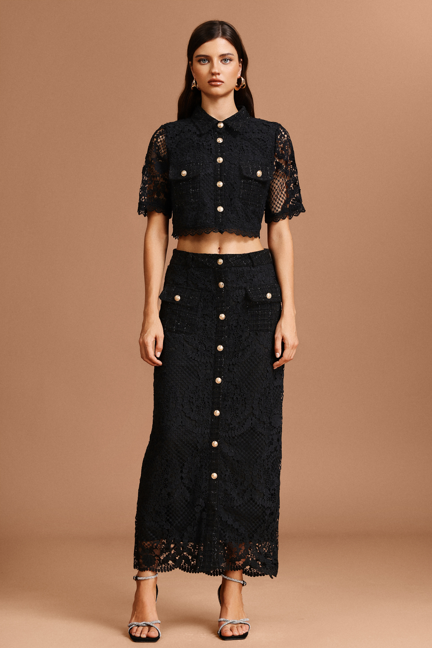 Glenda Lapel Lace Top And Skirt Two-Piece Set