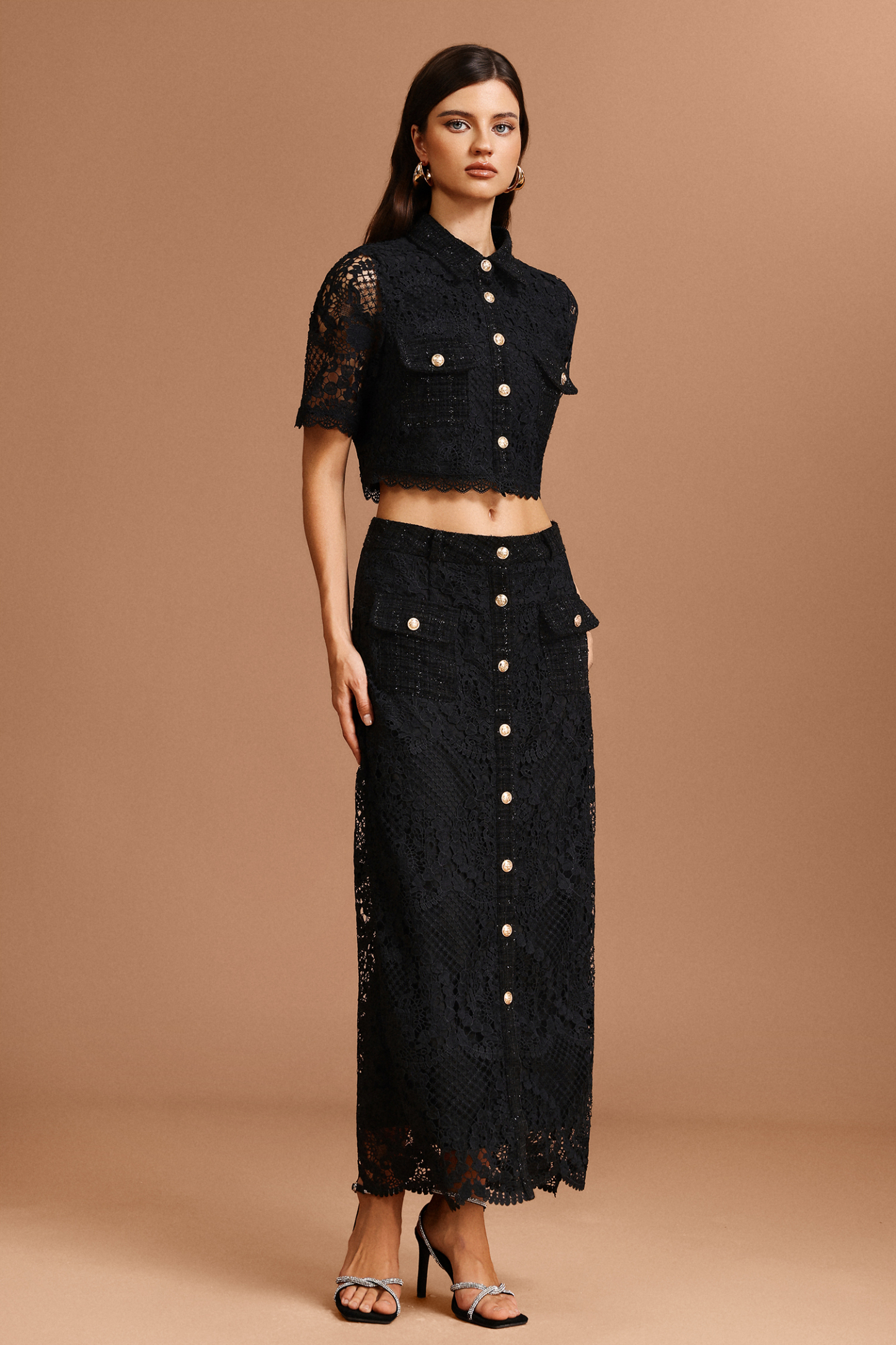 Glenda Lapel Lace Top And Skirt Two-Piece Set