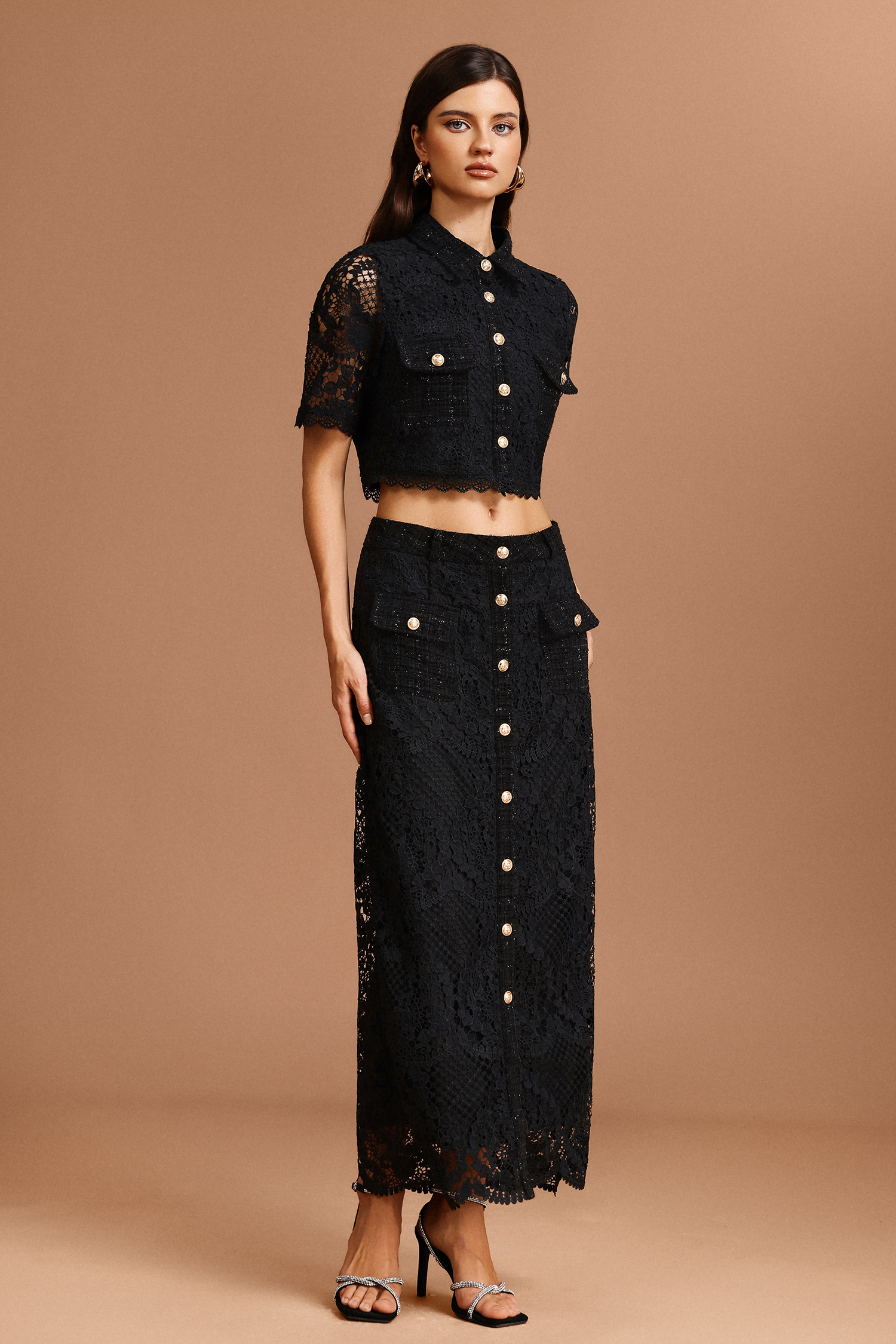 Glenda Lapel Lace Top And Skirt Two-Piece Set