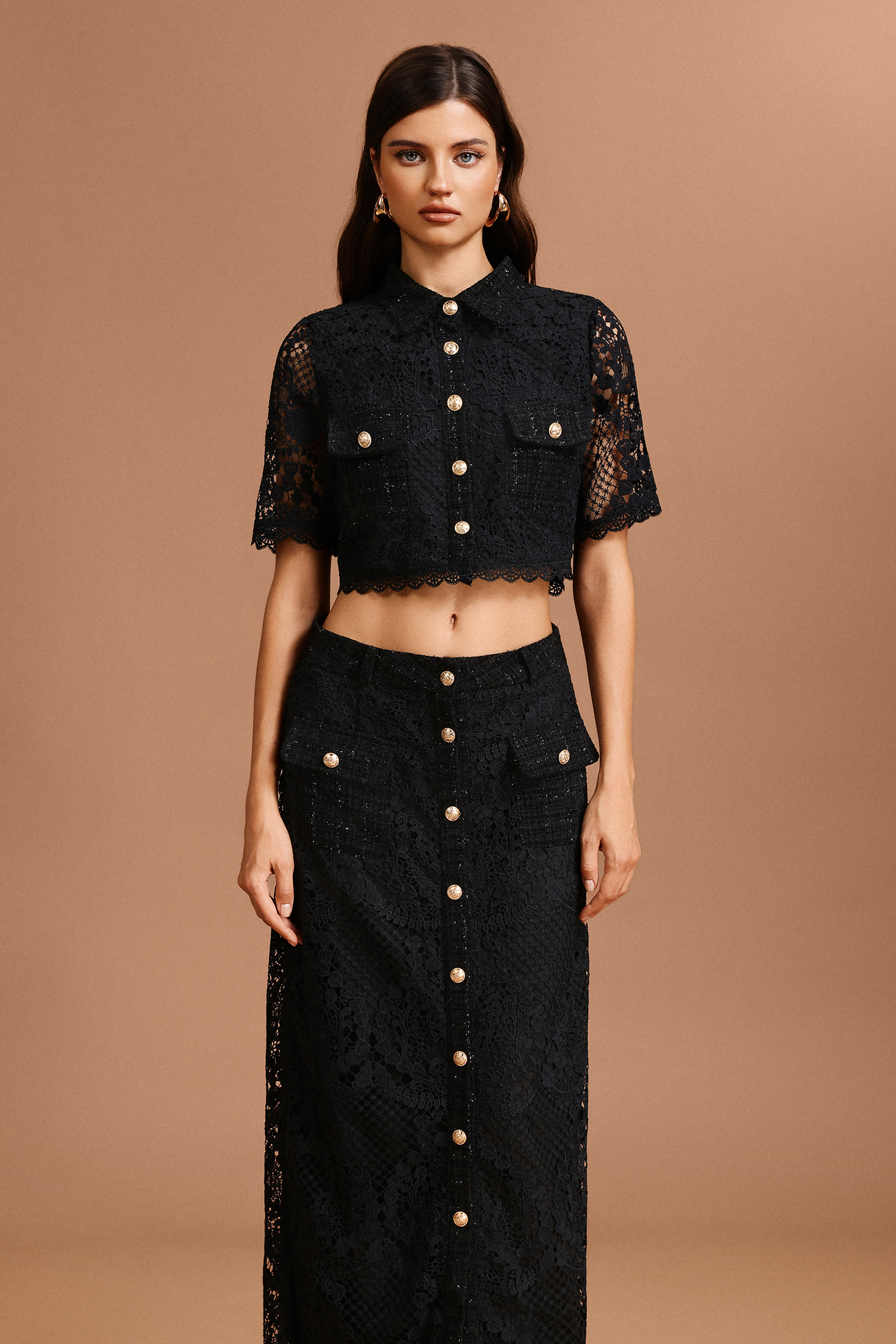 Glenda Lapel Lace Top And Skirt Two-Piece Set