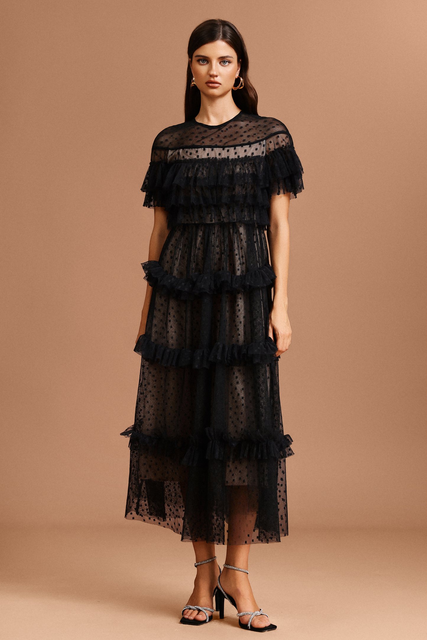 Emmeline Round Neck Short Sleeves Dot Printed Maxi Dress