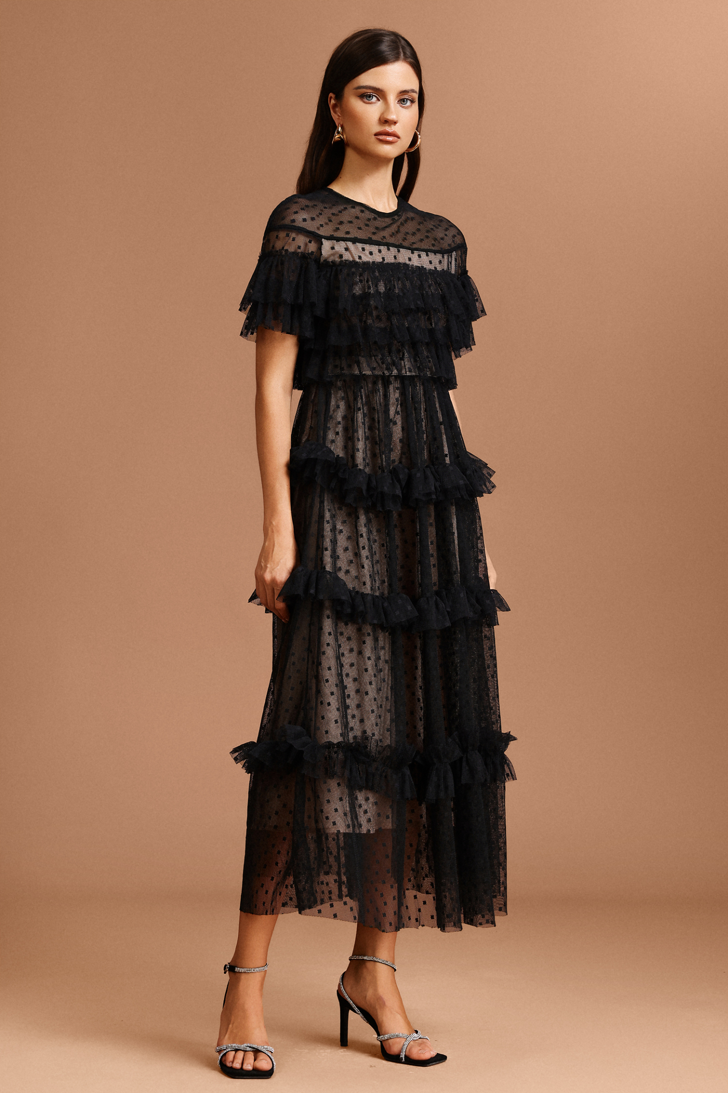 Emmeline Round Neck Short Sleeves Dot Printed Maxi Dress