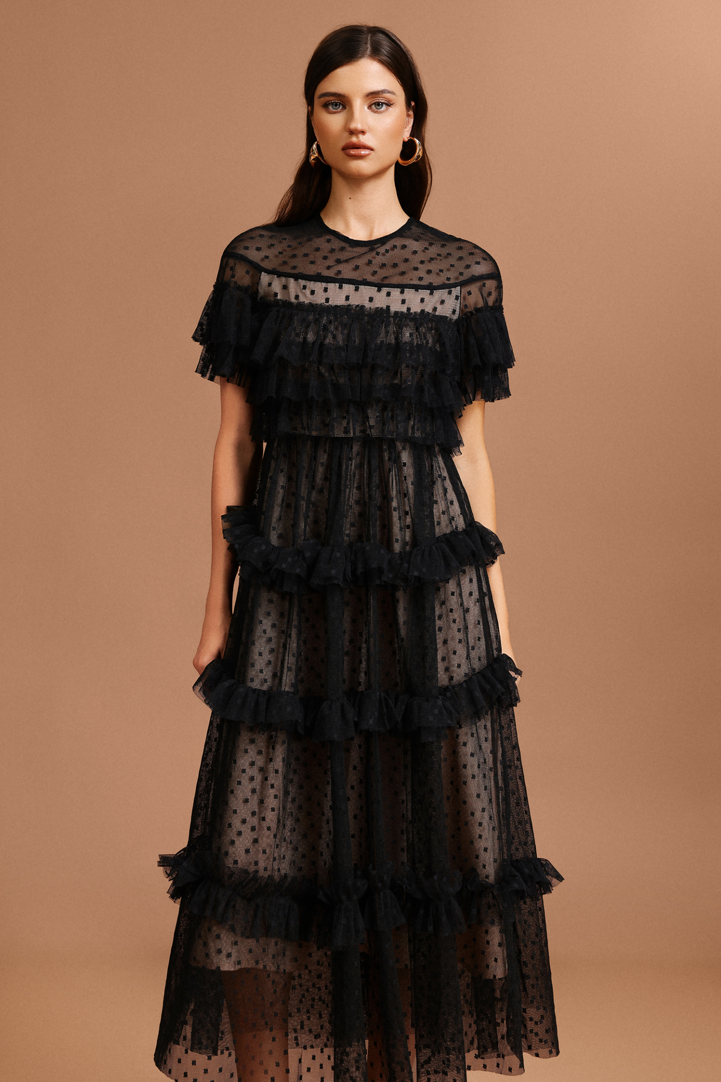 Emmeline Round Neck Short Sleeves Dot Printed Maxi Dress