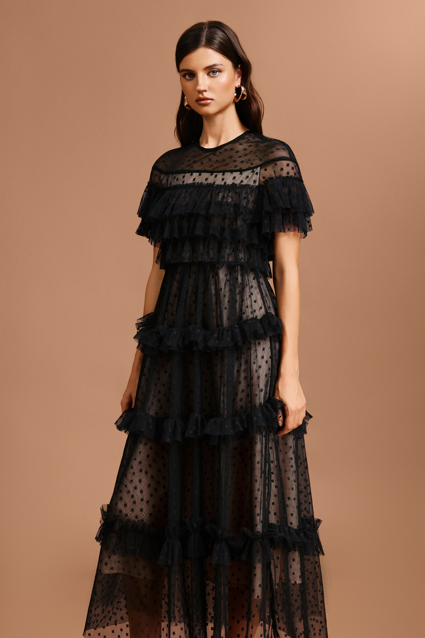 Emmeline Round Neck Short Sleeves Dot Printed Maxi Dress