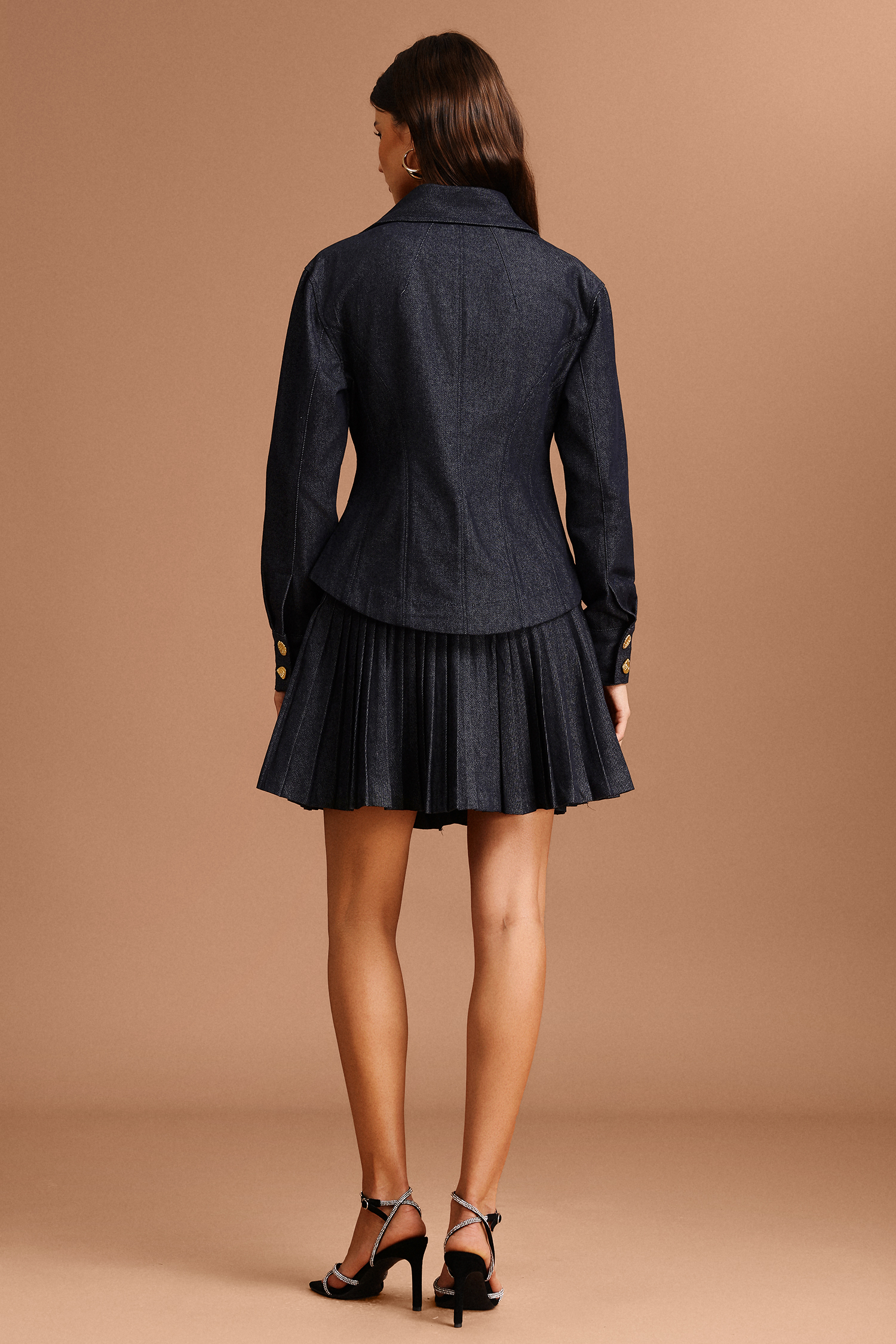 Uomo V-Neck Long Sleeves Denim Folds Top And Skirt Two-Piece Set