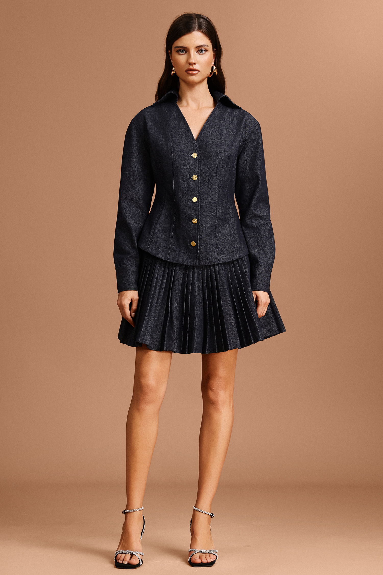 Uomo V-Neck Long Sleeves Denim Folds Top And Skirt Two-Piece Set