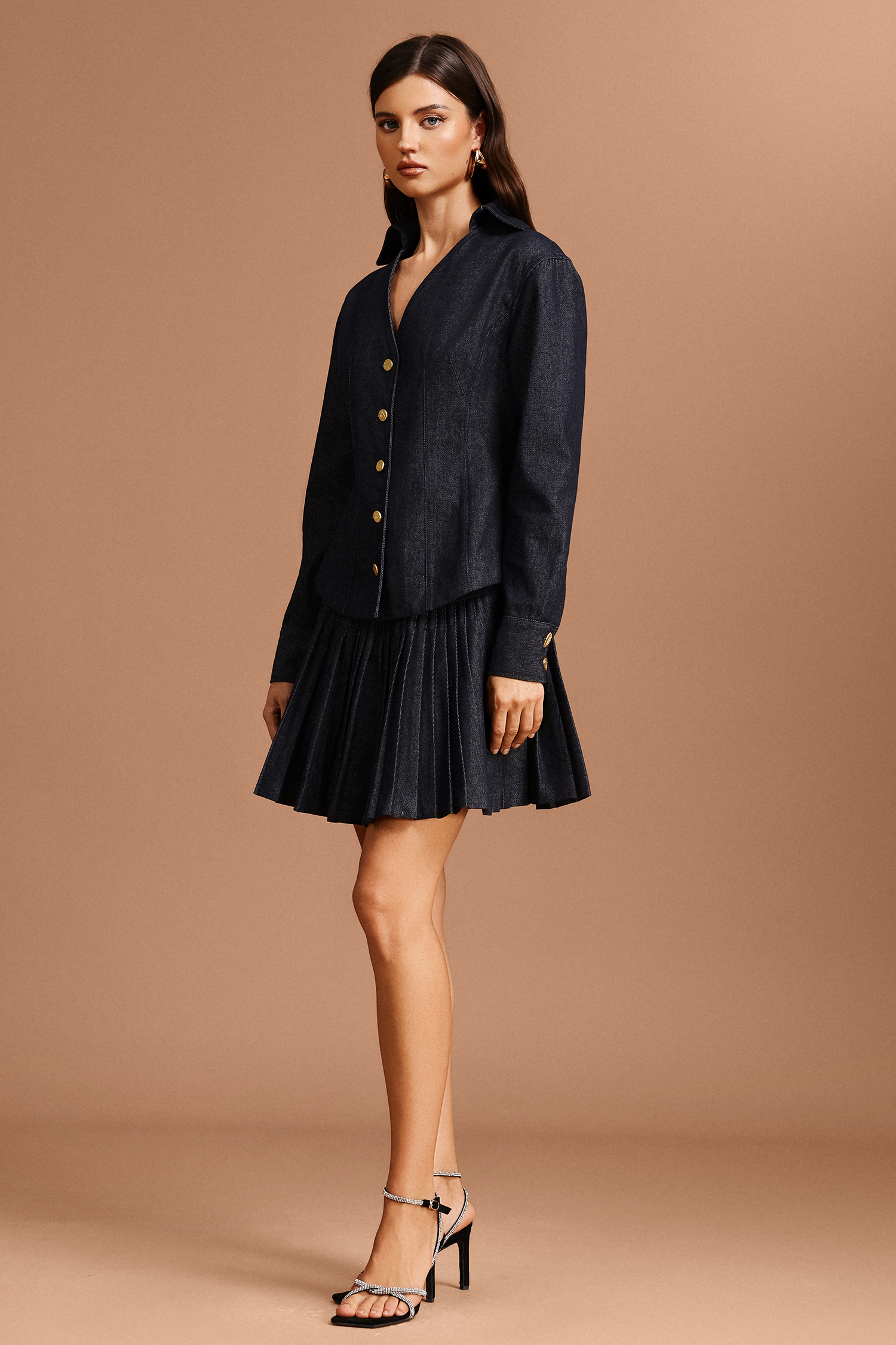 Uomo V-Neck Long Sleeves Denim Folds Top And Skirt Two-Piece Set