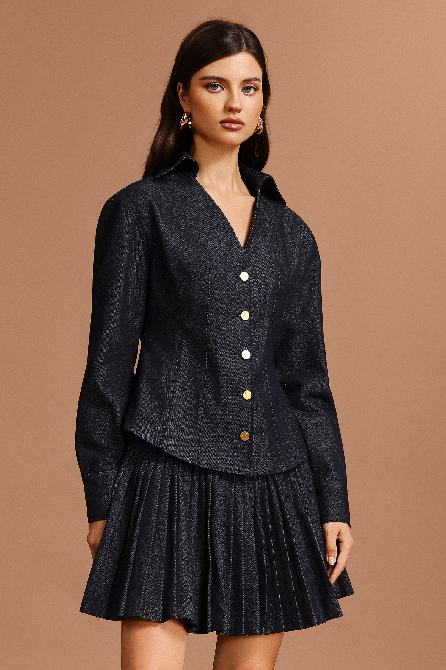 Uomo V-Neck Long Sleeves Denim Folds Top And Skirt Two-Piece Set