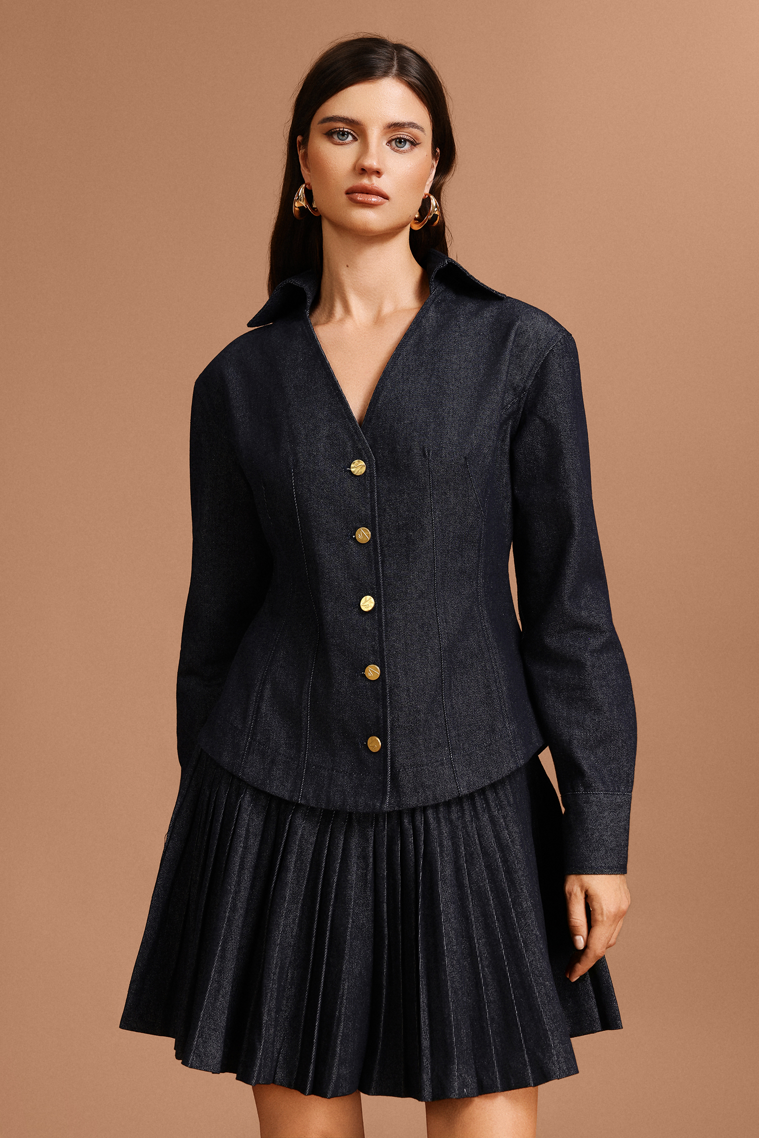 Uomo V-Neck Long Sleeves Denim Folds Top And Skirt Two-Piece Set