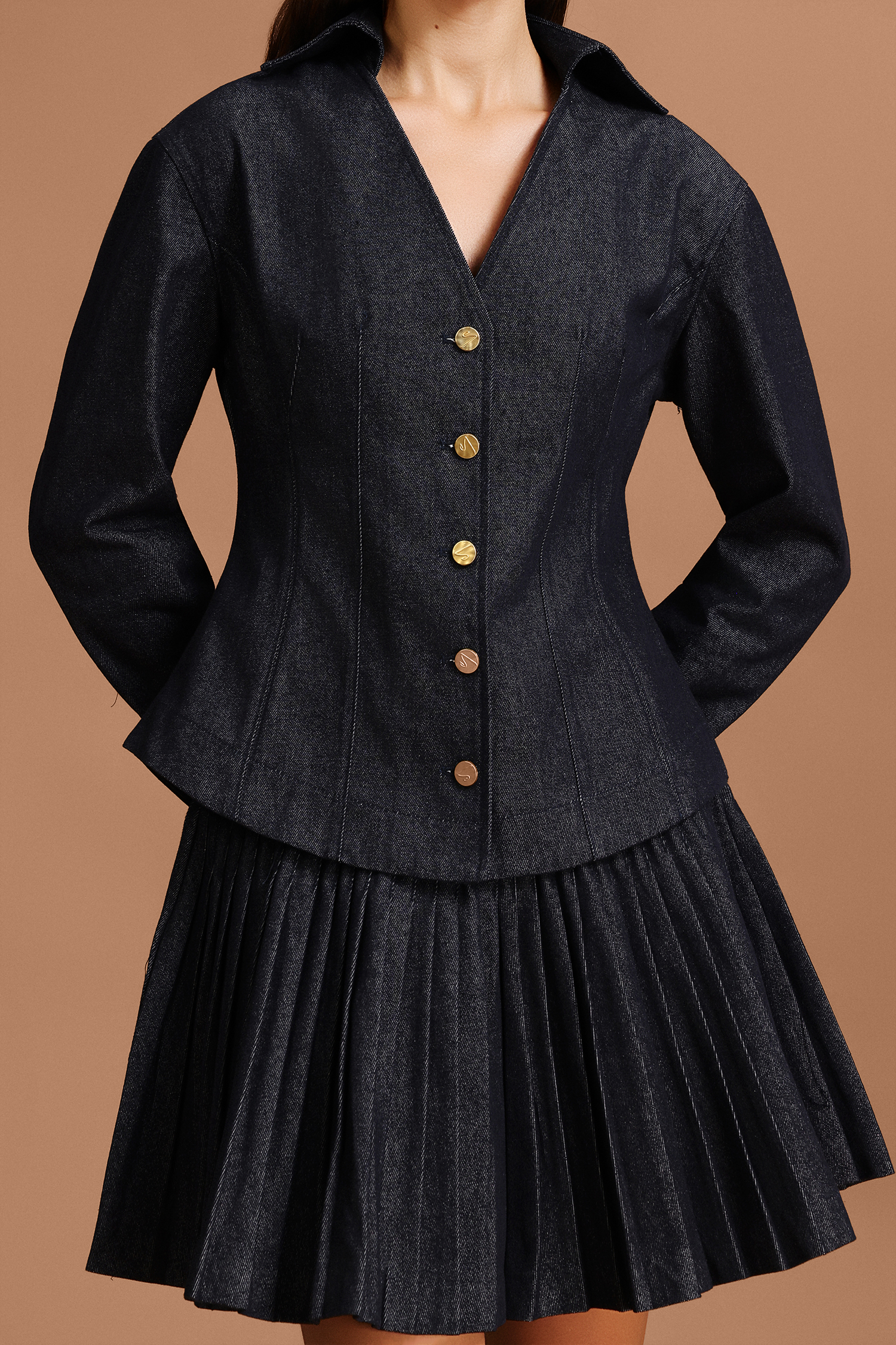 Uomo V-Neck Long Sleeves Denim Folds Top And Skirt Two-Piece Set