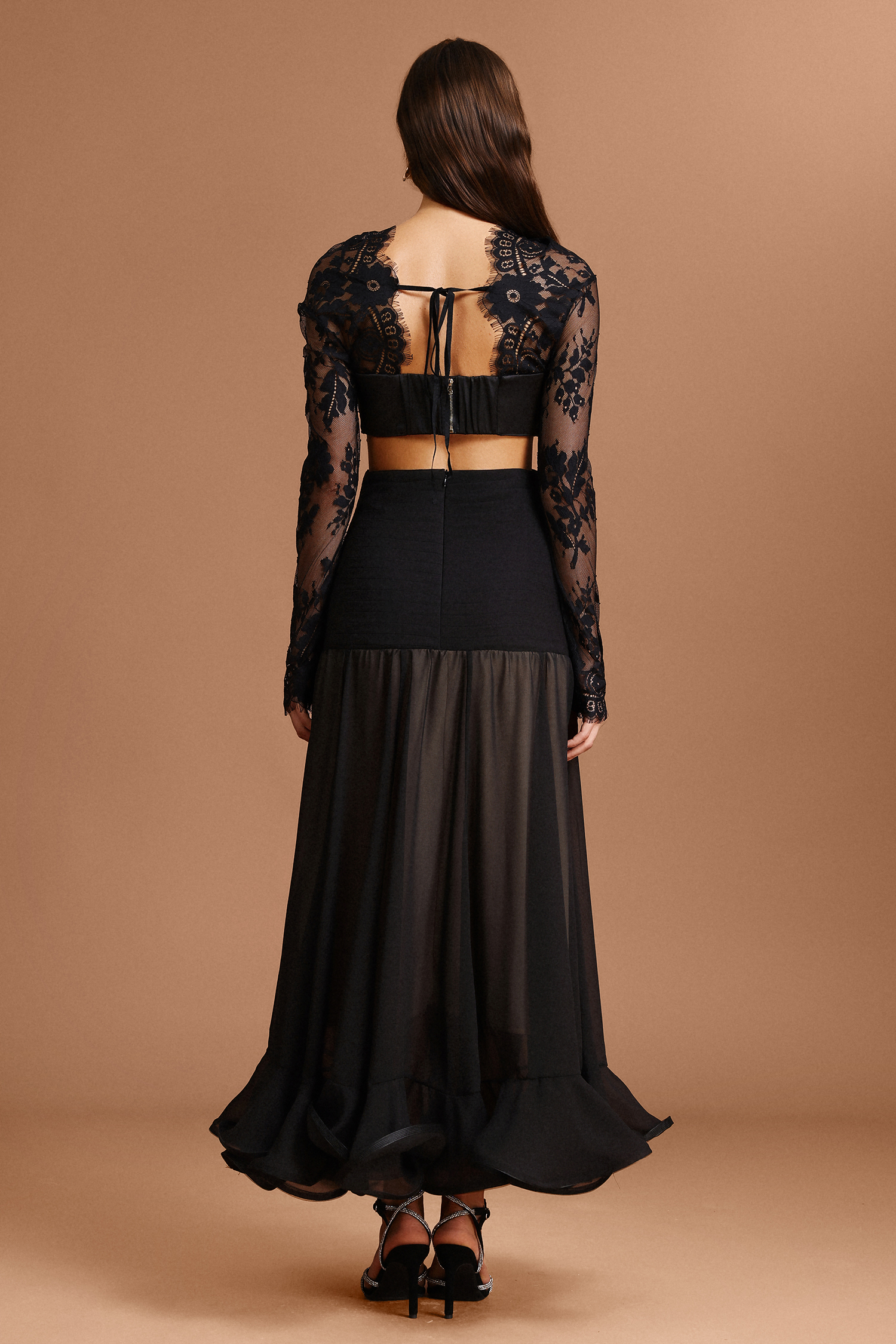Sharlot Long Sleeves Folds Lace Bowknot Maxi Dress